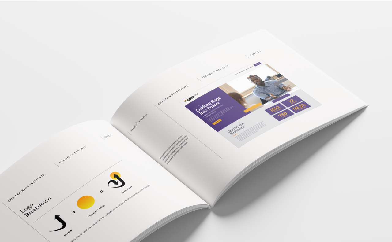 GRIP Training Institute brand guidelines book open to the logo breakdown and website pages.