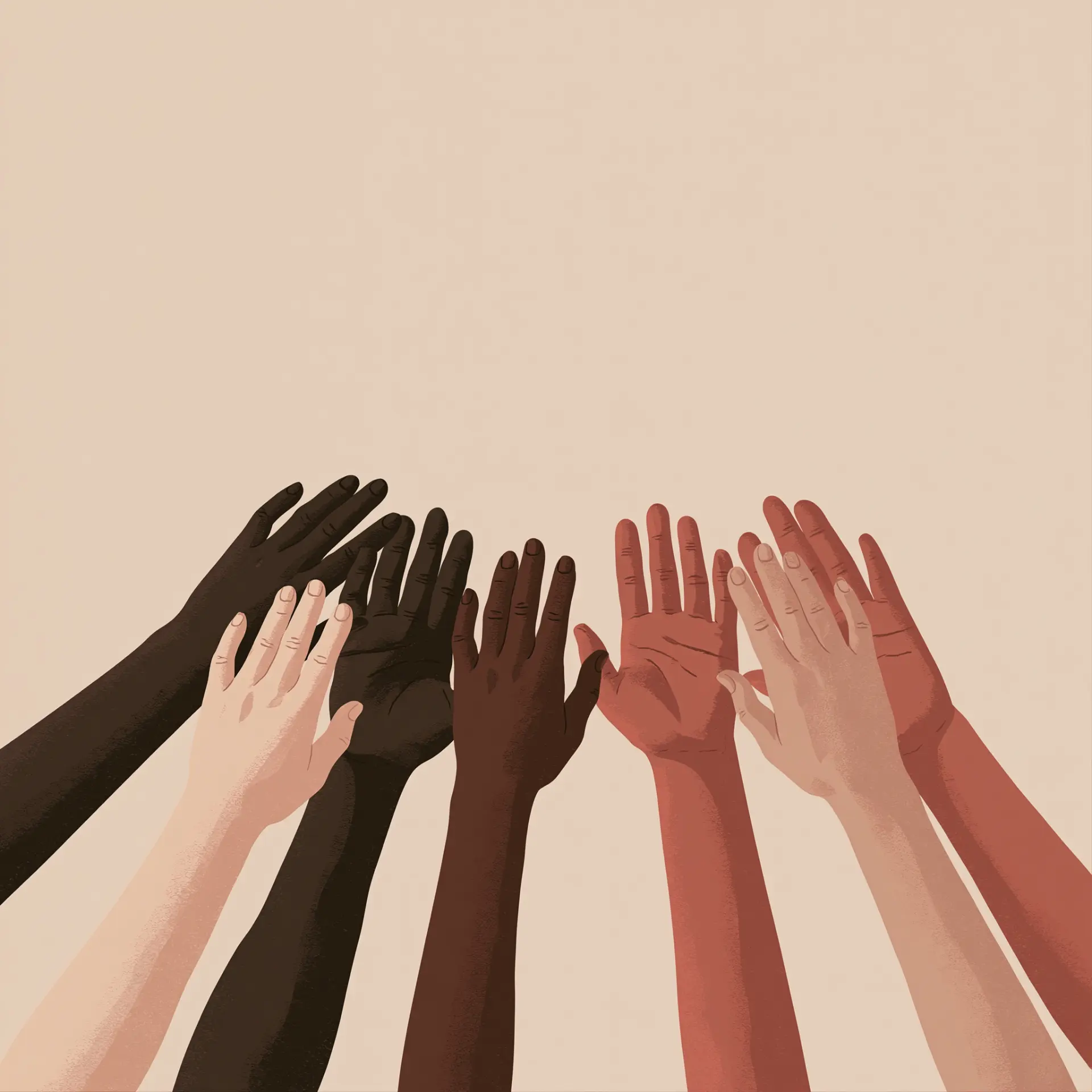 Seven diverse hands reaching upward together against a warm neutral background