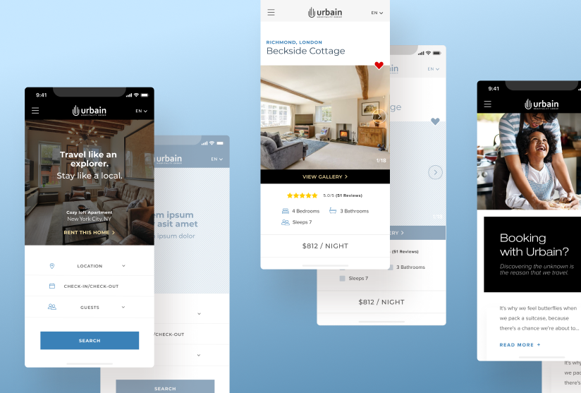Urbain mobile booking flow across search, listing detail, and editorial screens.