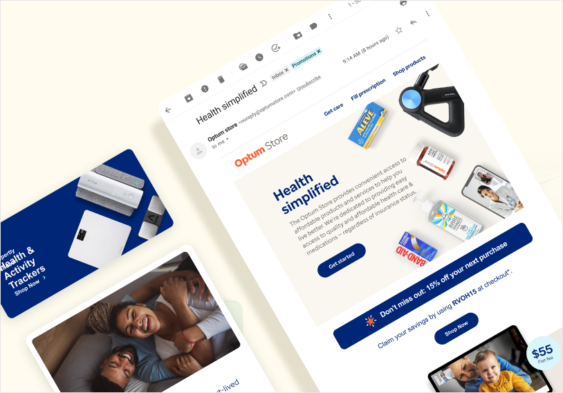 Optum Store marketing email and companion display banners using the unified design system.
