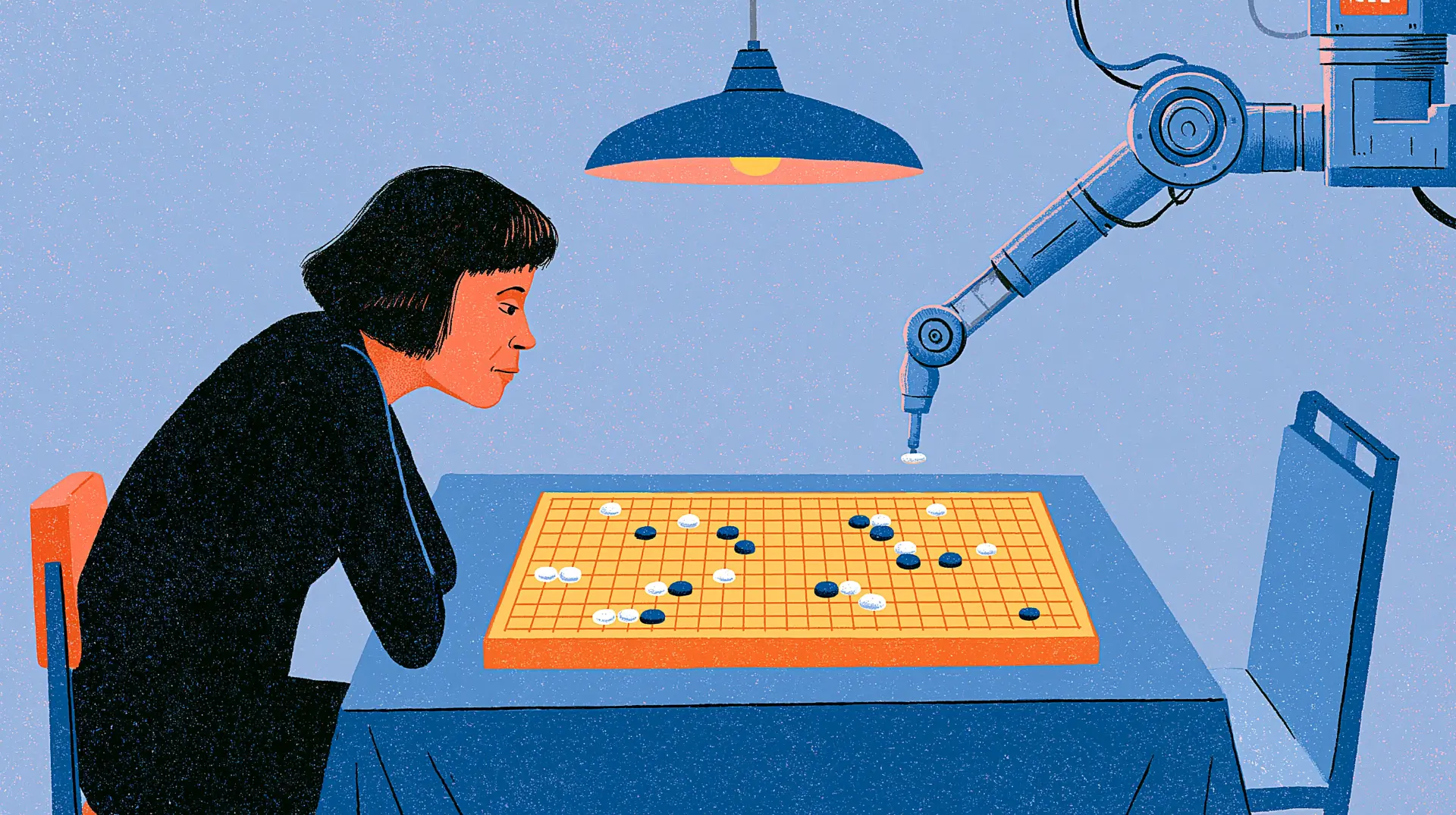 A woman playing Go against a robotic arm, illustrating the human-and-machine operations behind running AI systems in production.
