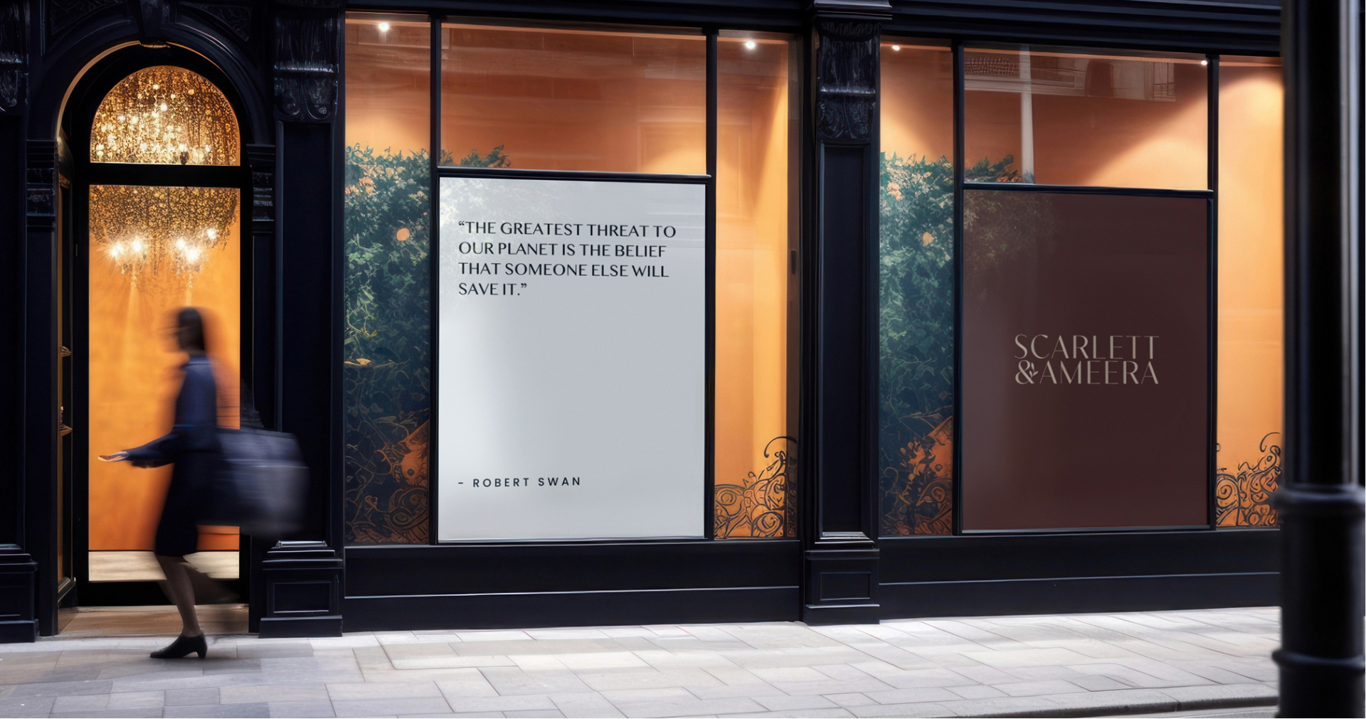 Scarlett&Ameera storefront window with Robert Swan sustainability quote.