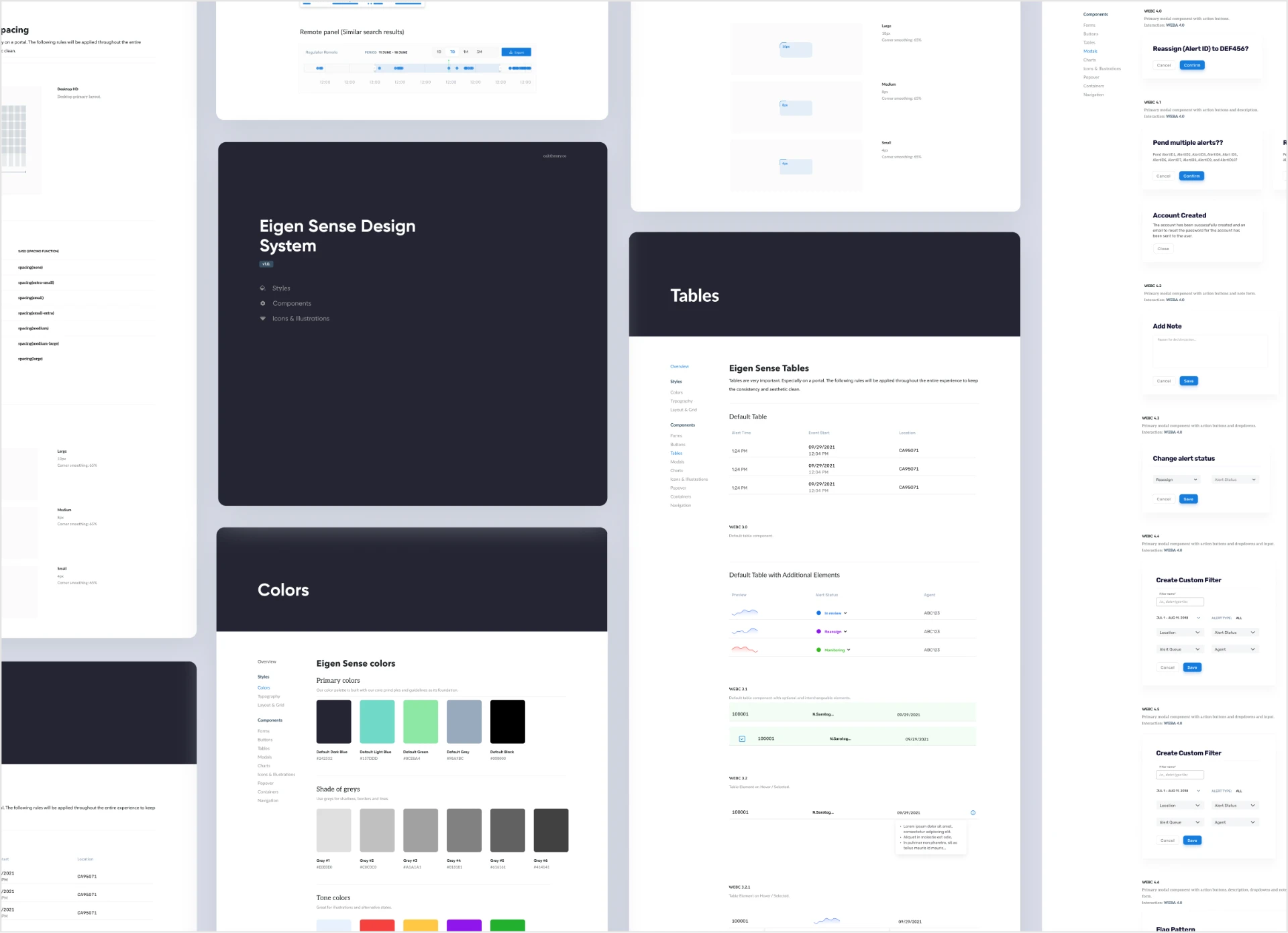 Eigen Sense design system documentation covering colors, spacing, tables, and modals.