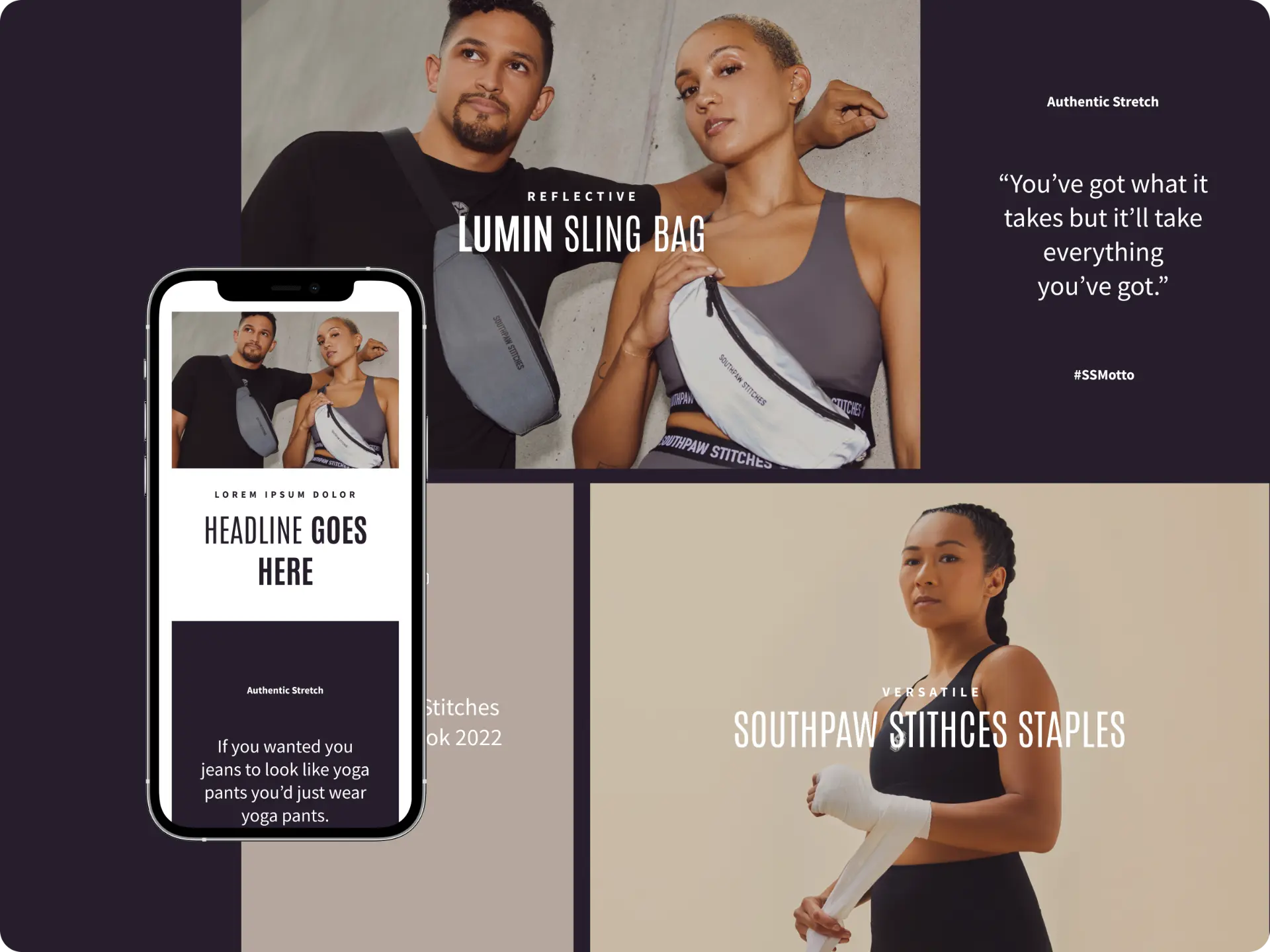 Southpaw Stitches lookbook layout with reflective Lumin sling bag campaign imagery and mobile view.