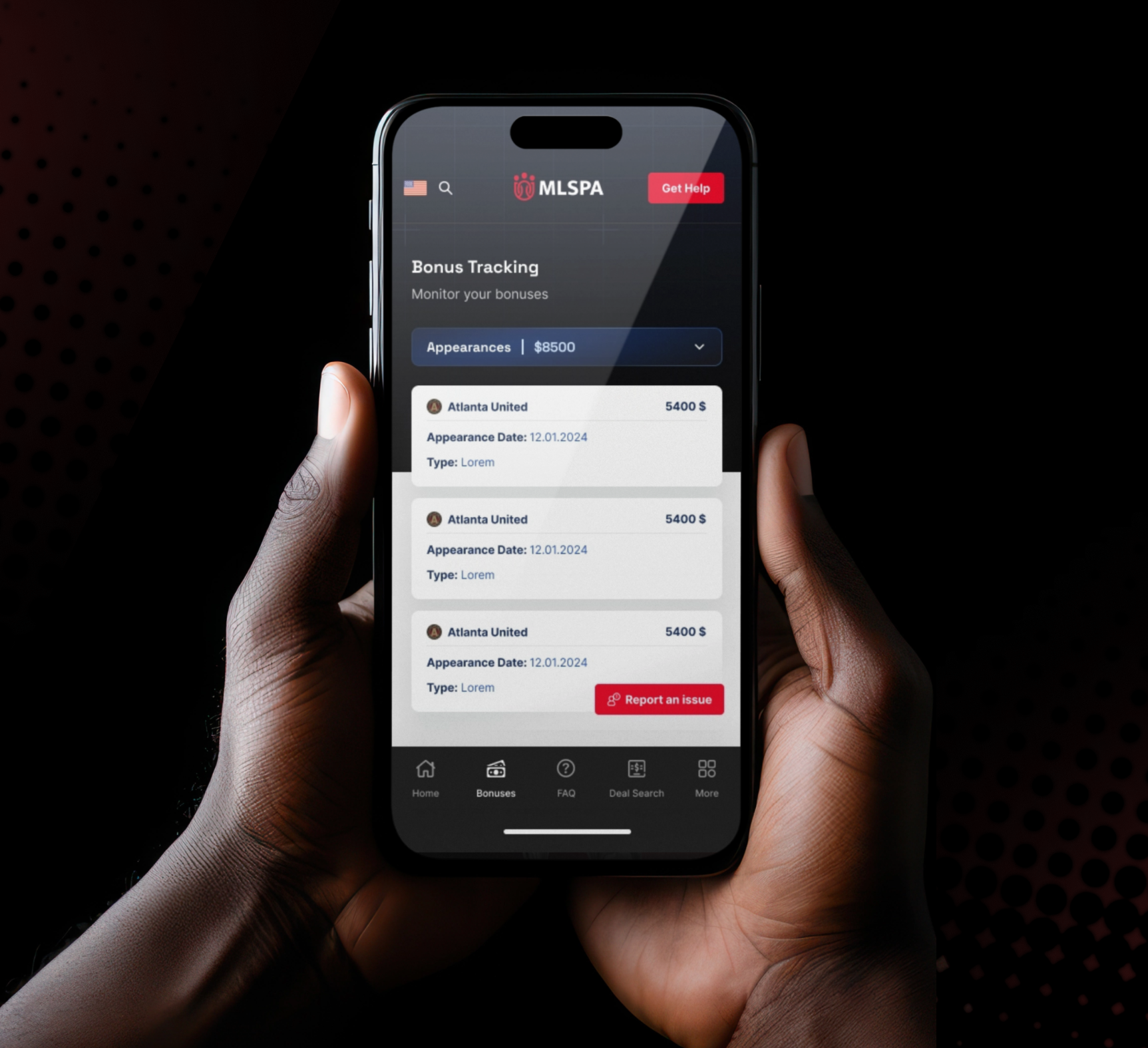 MLSPA Player's Portal bonus tracking interface on a mobile phone.