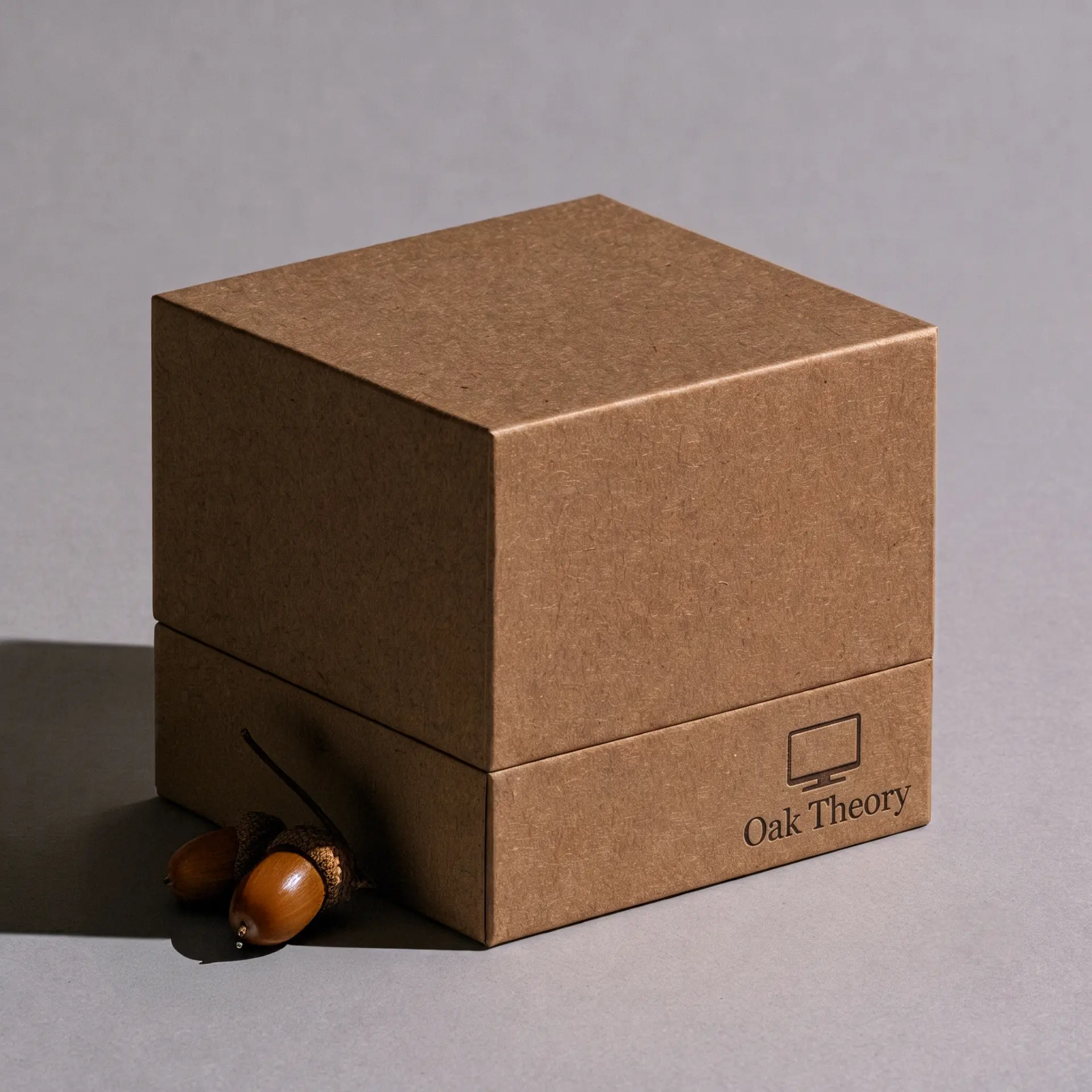 Oak Theory deliverables kit shown as a branded cardboard box with acorns.