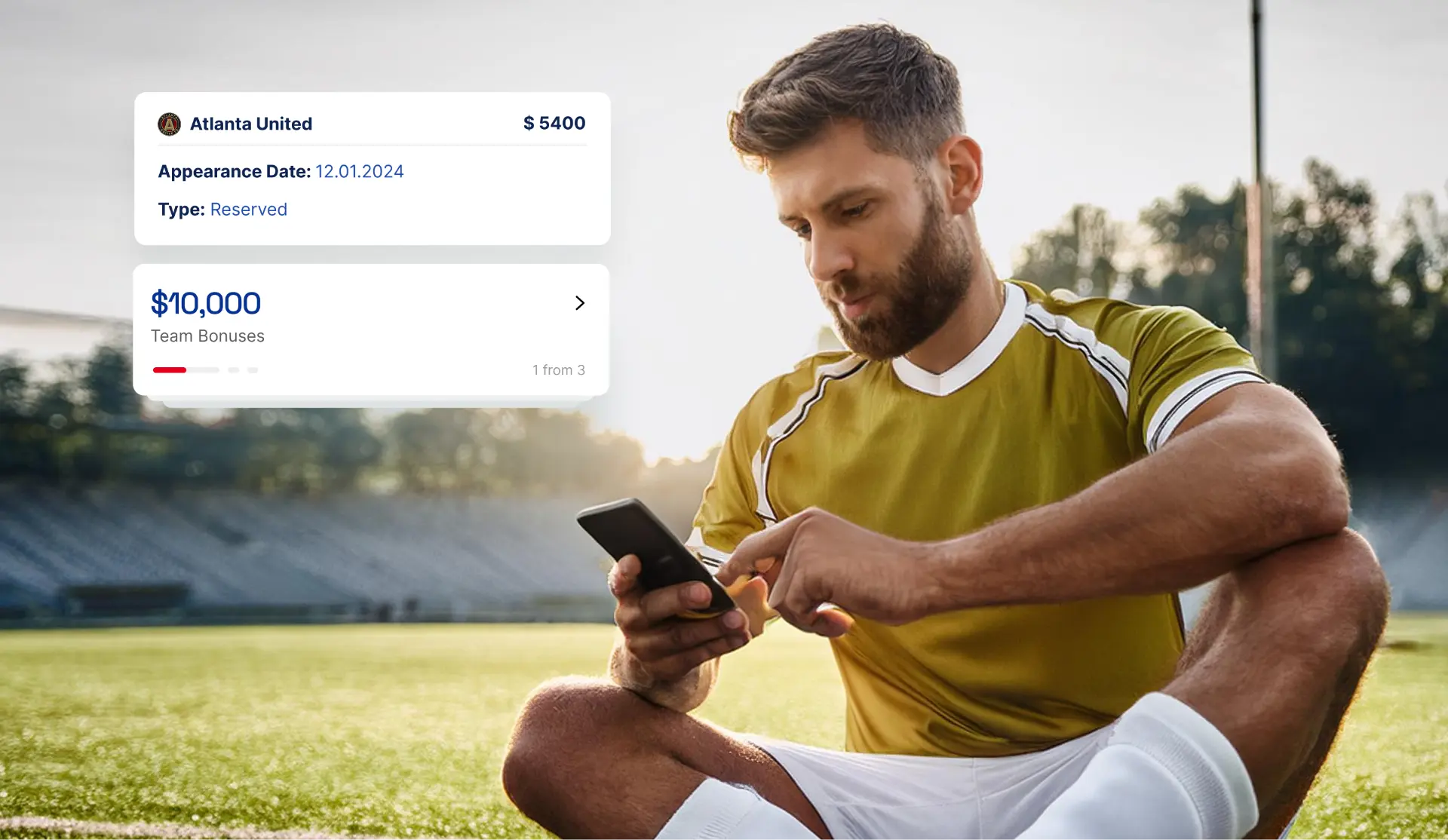 MLSPA Player's Portal bonus and appearance tracking cards shown alongside a player on the field.