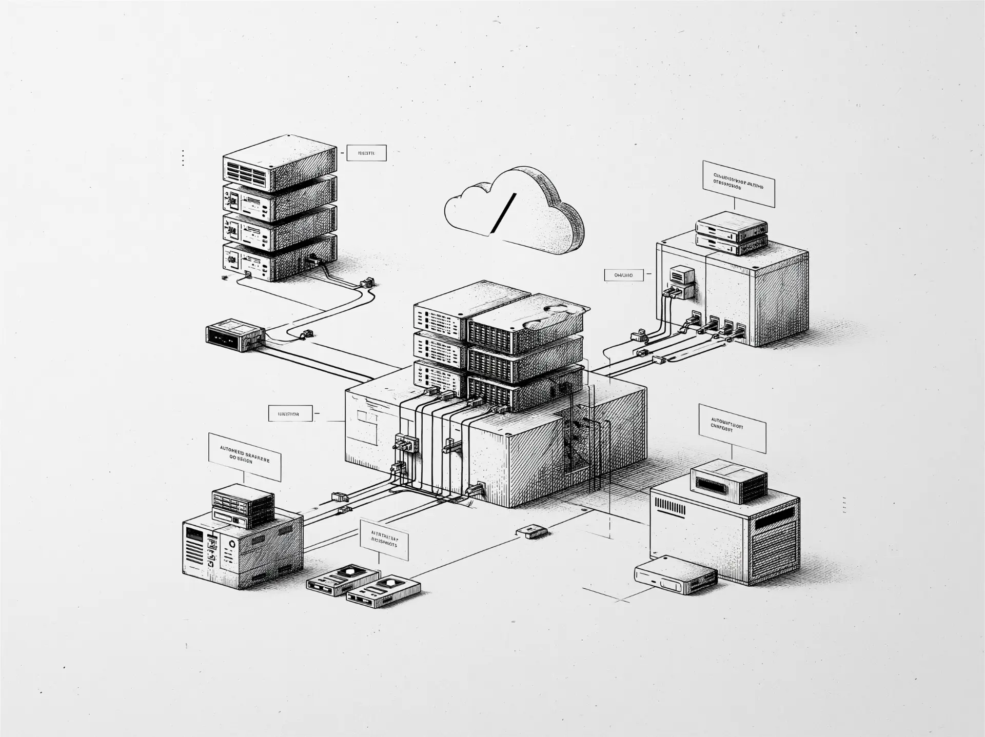 Isometric hand-drawn illustration of networked server infrastructure, hardware clusters, and a central hub connected to a cloud.