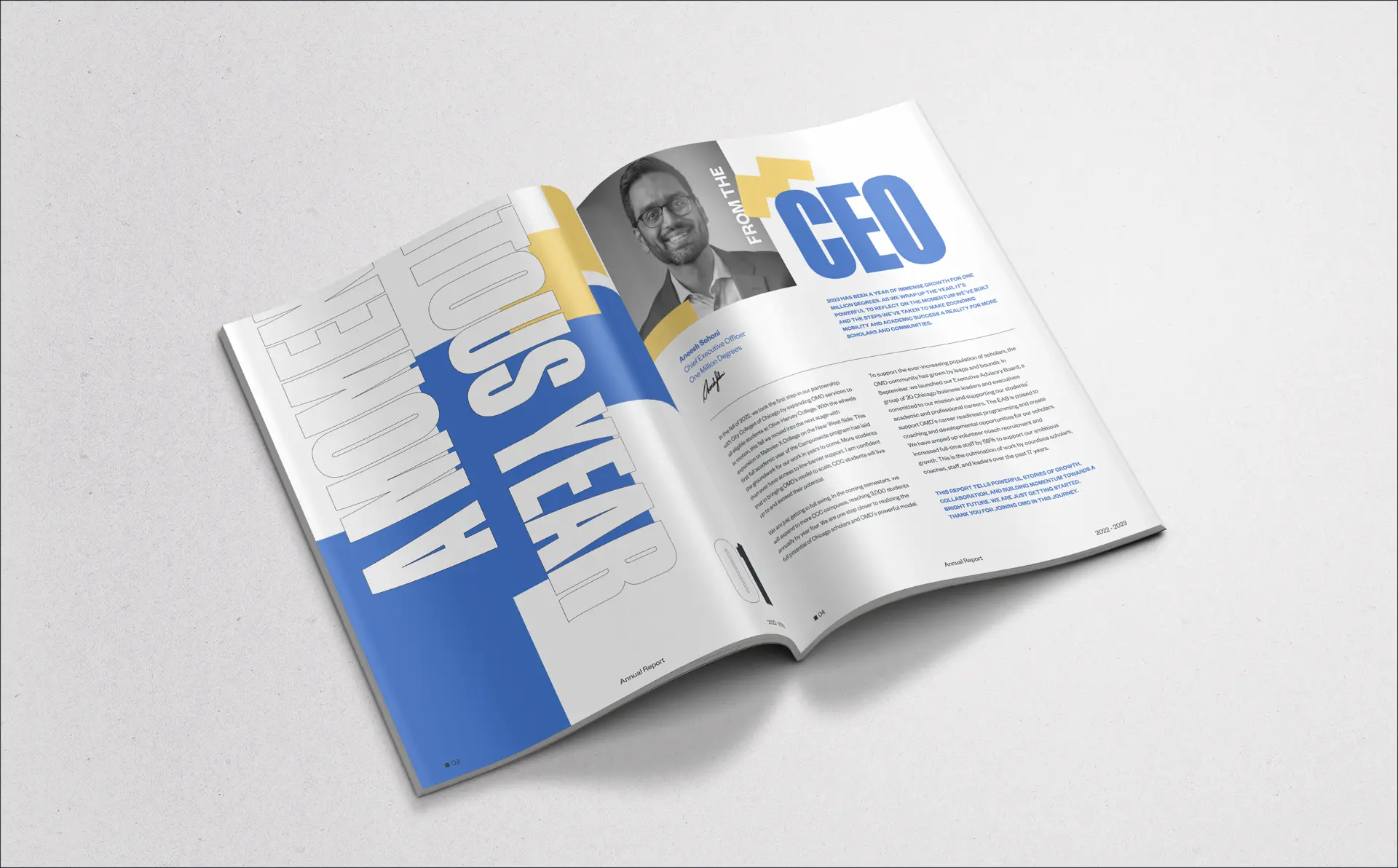One Million Degrees annual report spread with letter from the CEO.