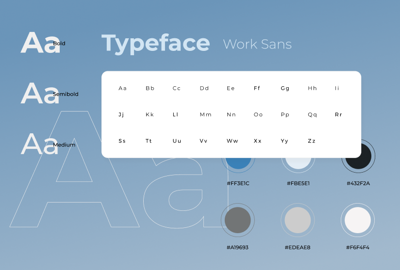 Urbain brand system showing Work Sans typography weights and the color palette.