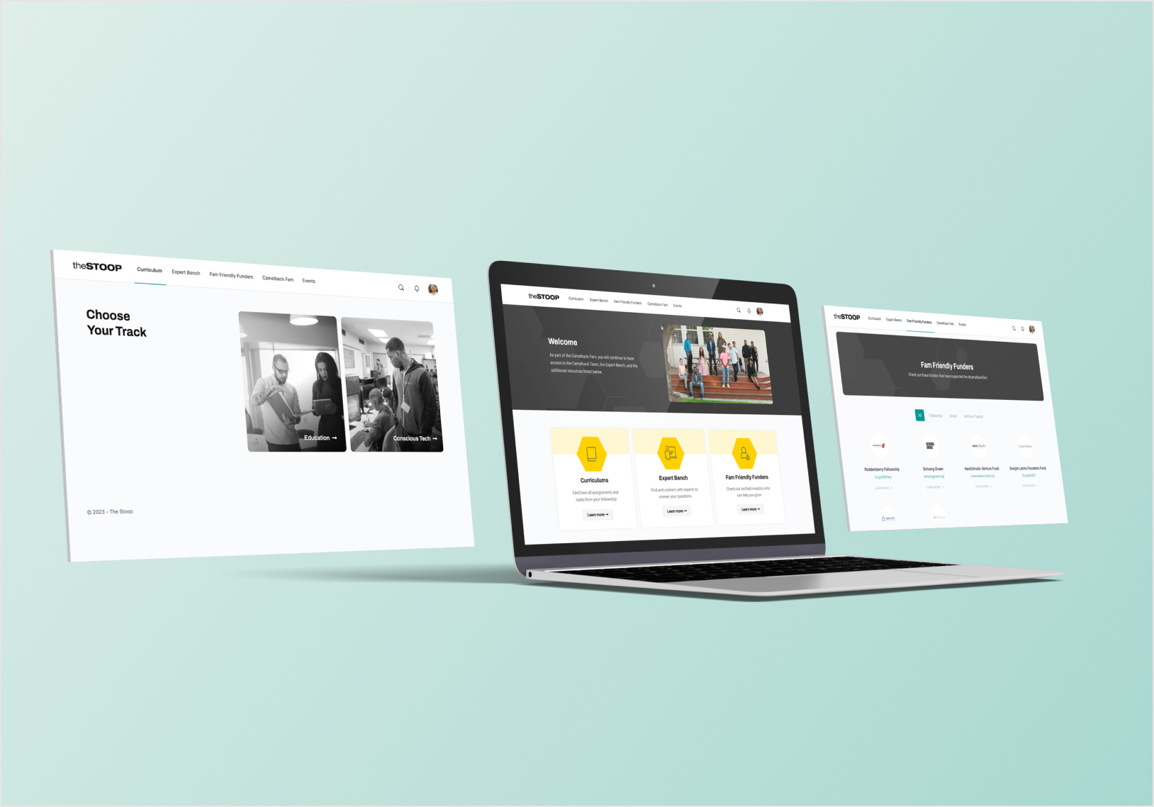 Camelback Ventures platform screens including the welcome dashboard and Fam Friendly Funders directory.
