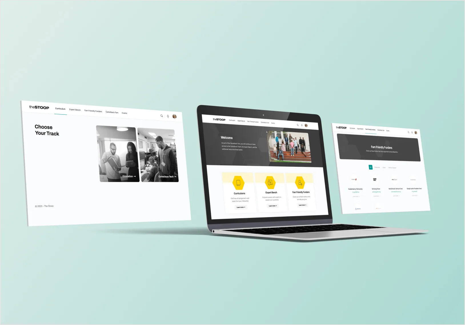 Camelback Ventures platform screens including the welcome dashboard and Fam Friendly Funders directory.
