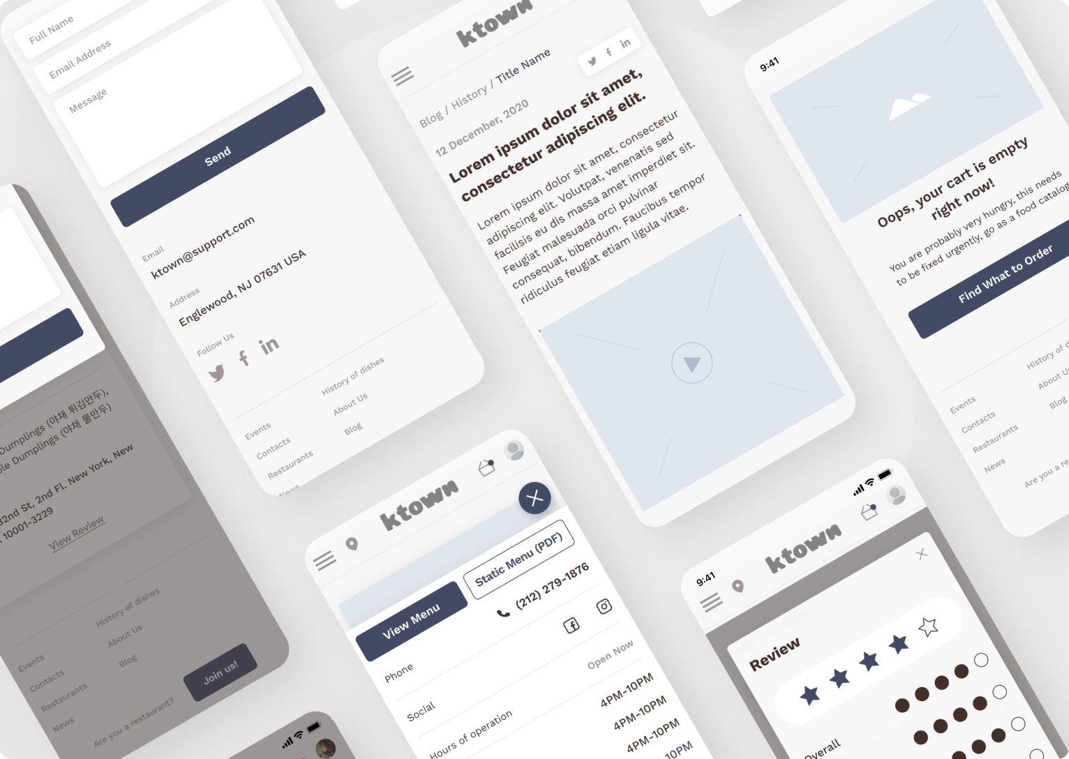 Ktown wireframes covering contact, blog, empty cart, restaurant info, and review screens.