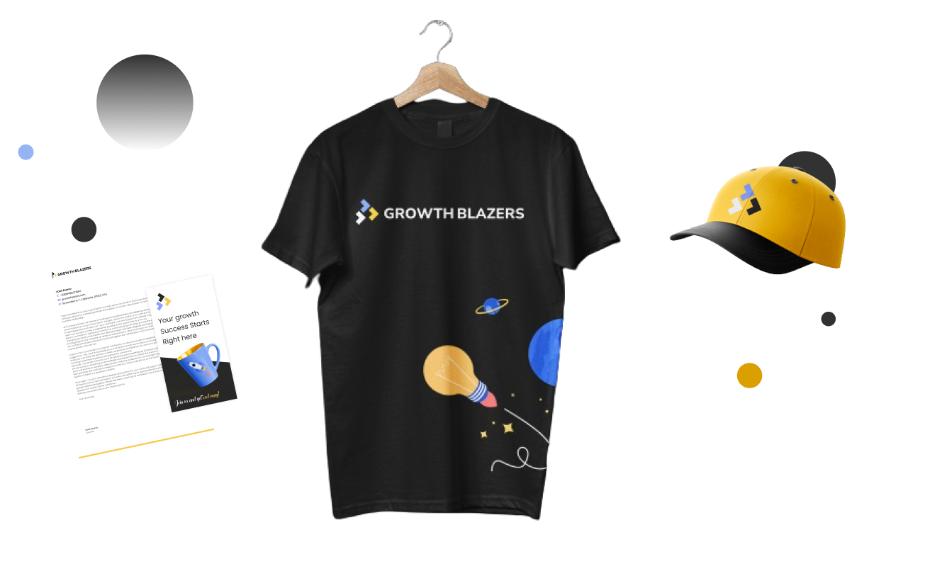 Branded marketing collateral — t-shirt, cap, letterhead, and flyer