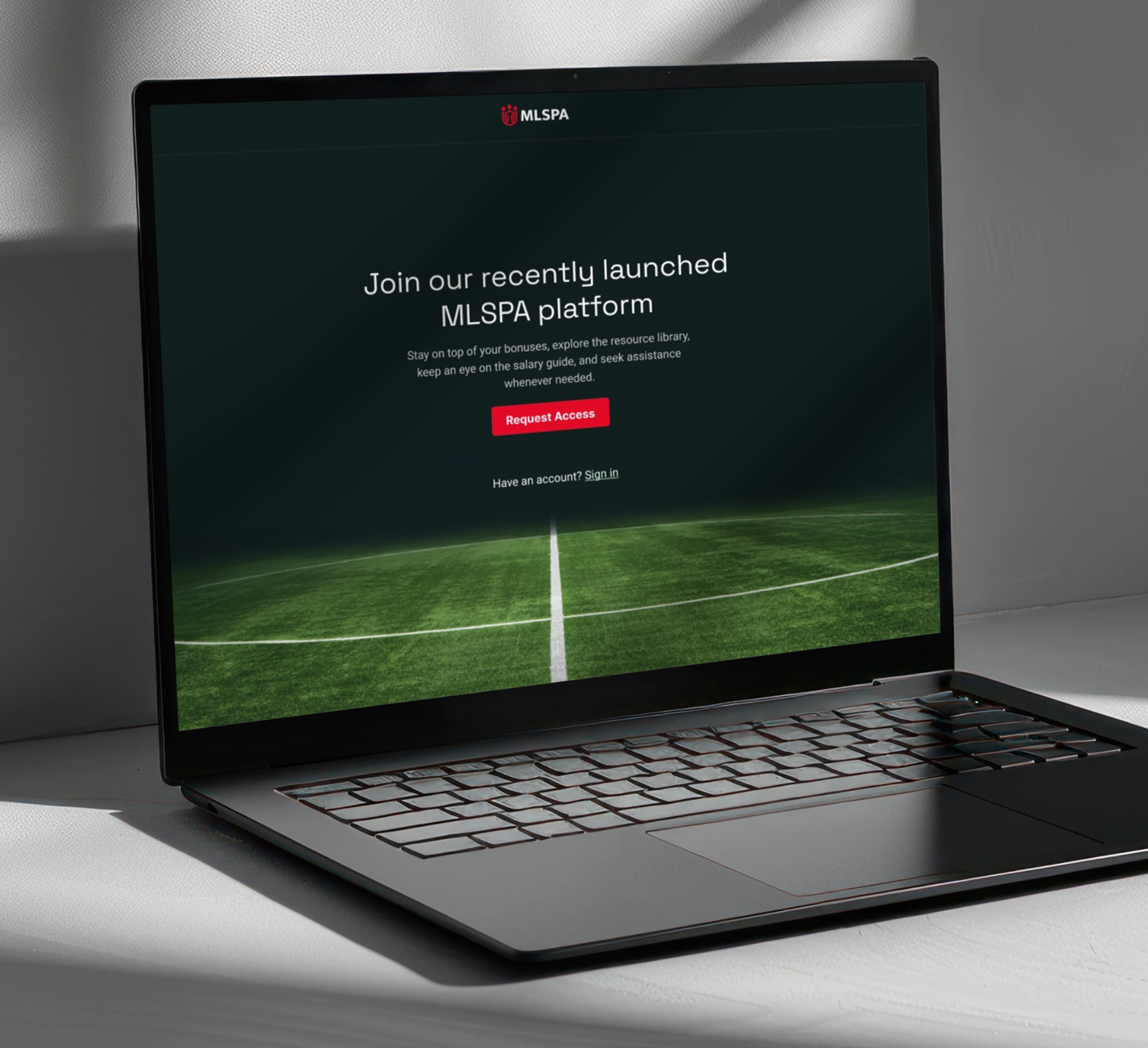 MLSPA platform launch landing page with request access call to action.