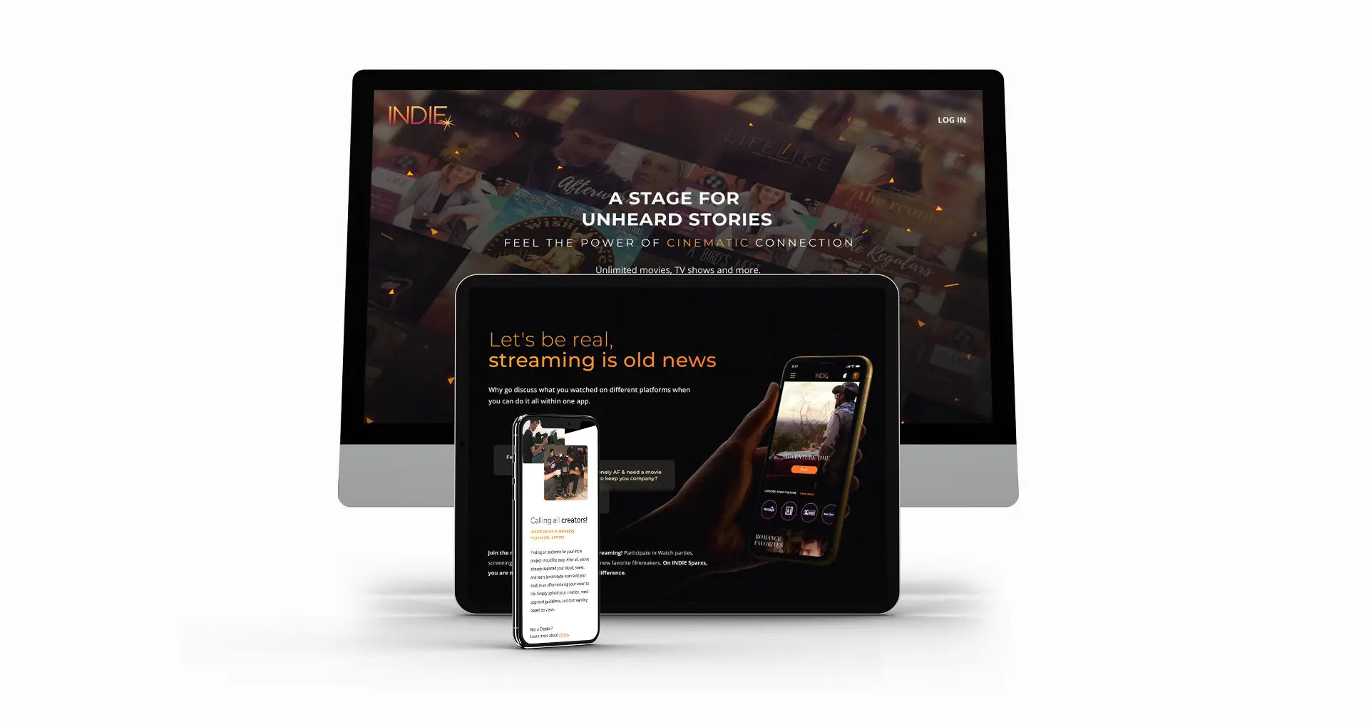 Indie Sparxs landing page and creator sign-up flow on desktop, tablet, and phone.