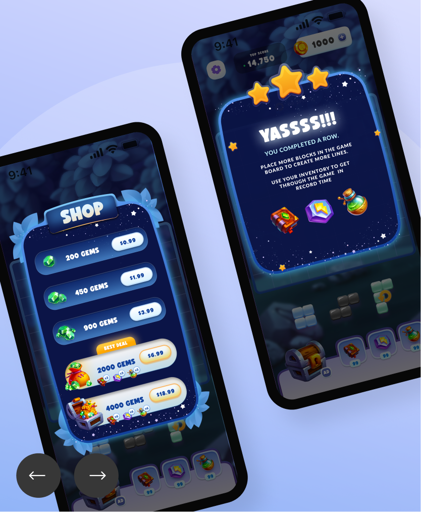 Enchanted Blocks gem shop screen and level-complete celebration screen on two phones.