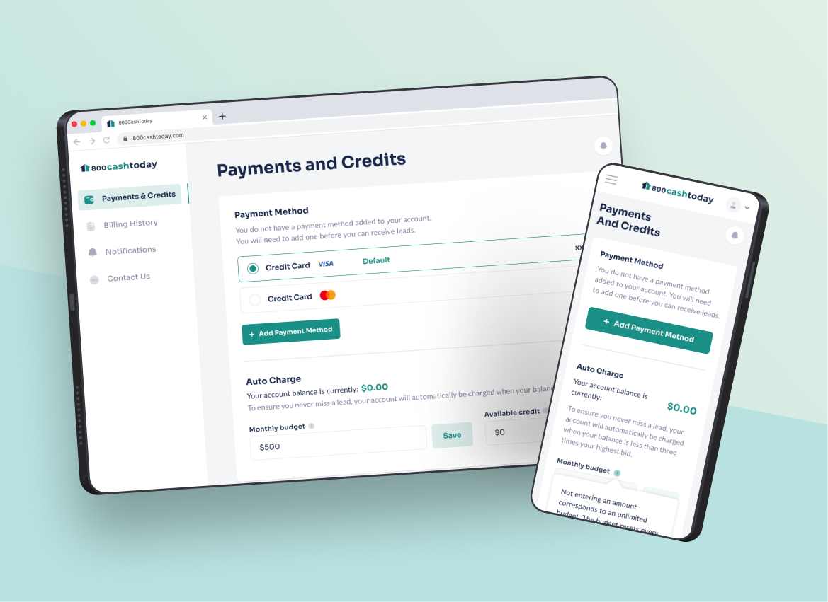 800 Cash Today payments and credits screen on desktop and mobile.