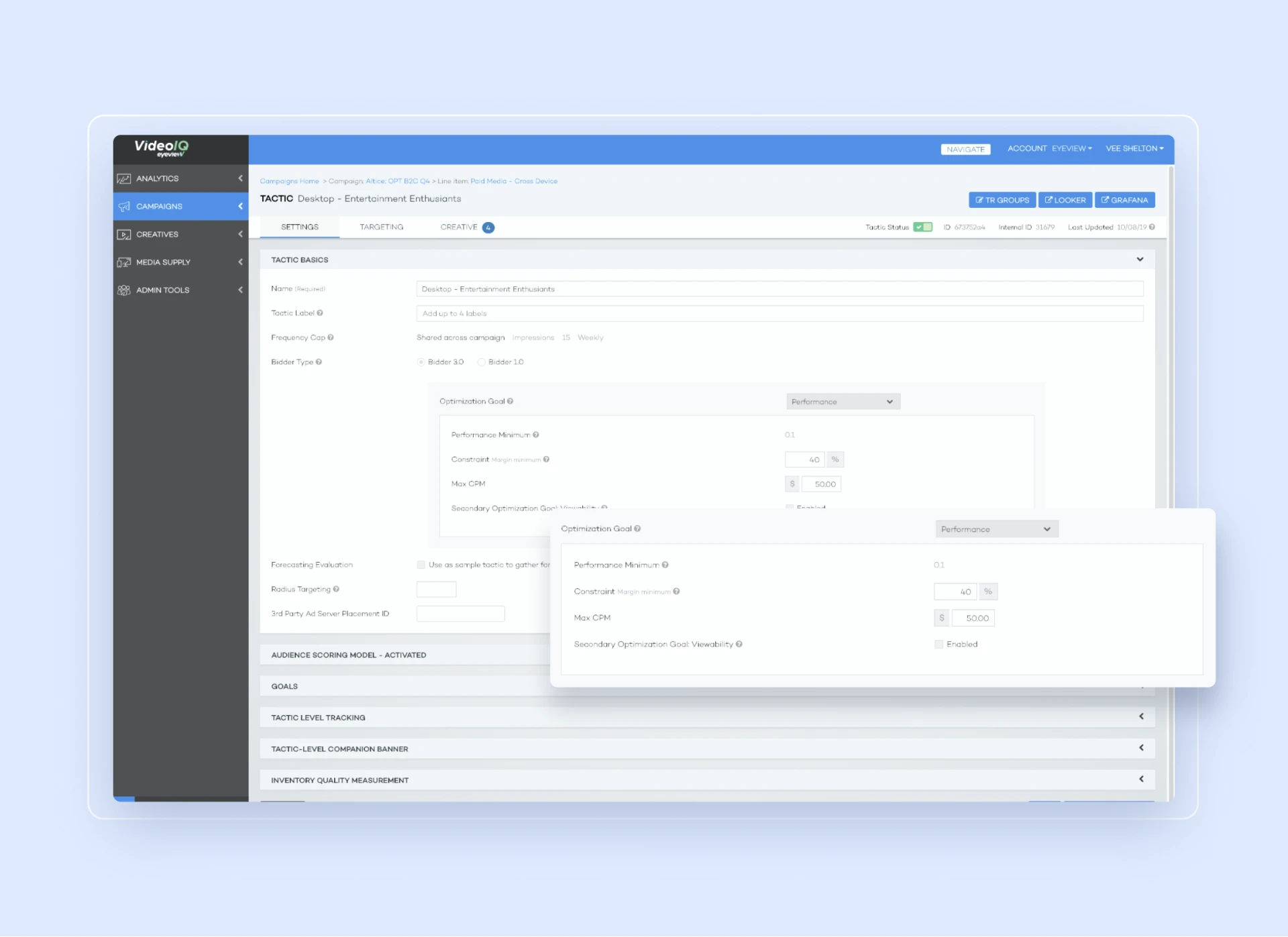 Eyeview VideoIQ tactic settings screen with the optimization goal panel highlighted.