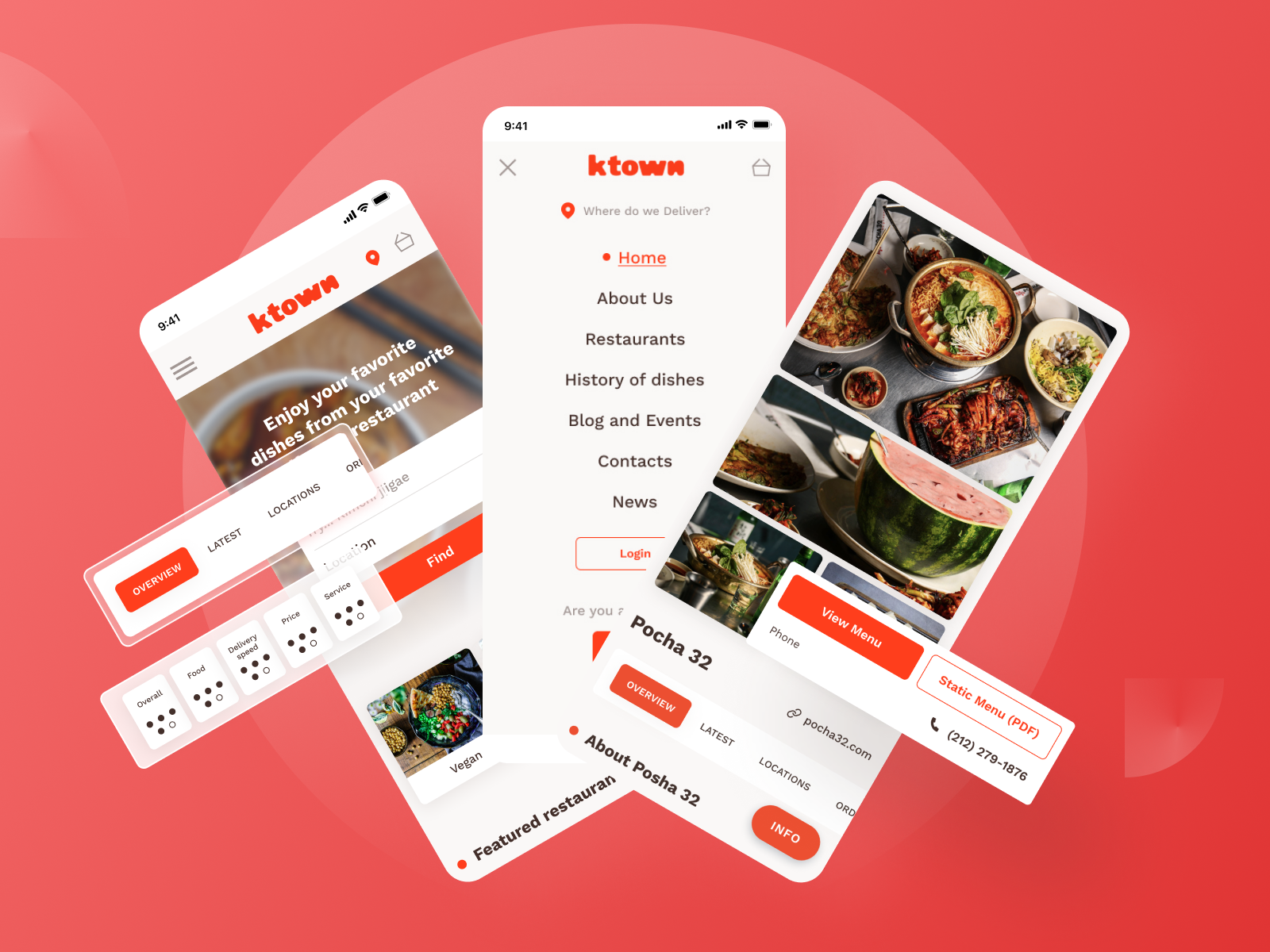 Ktown app home screen, navigation, and restaurant detail screens shown across mobile mockups.