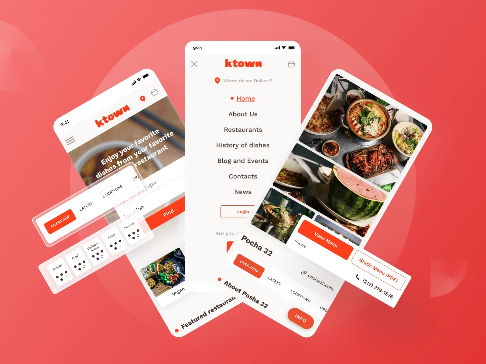 Ktown app home screen, navigation, and restaurant detail screens shown across mobile mockups.