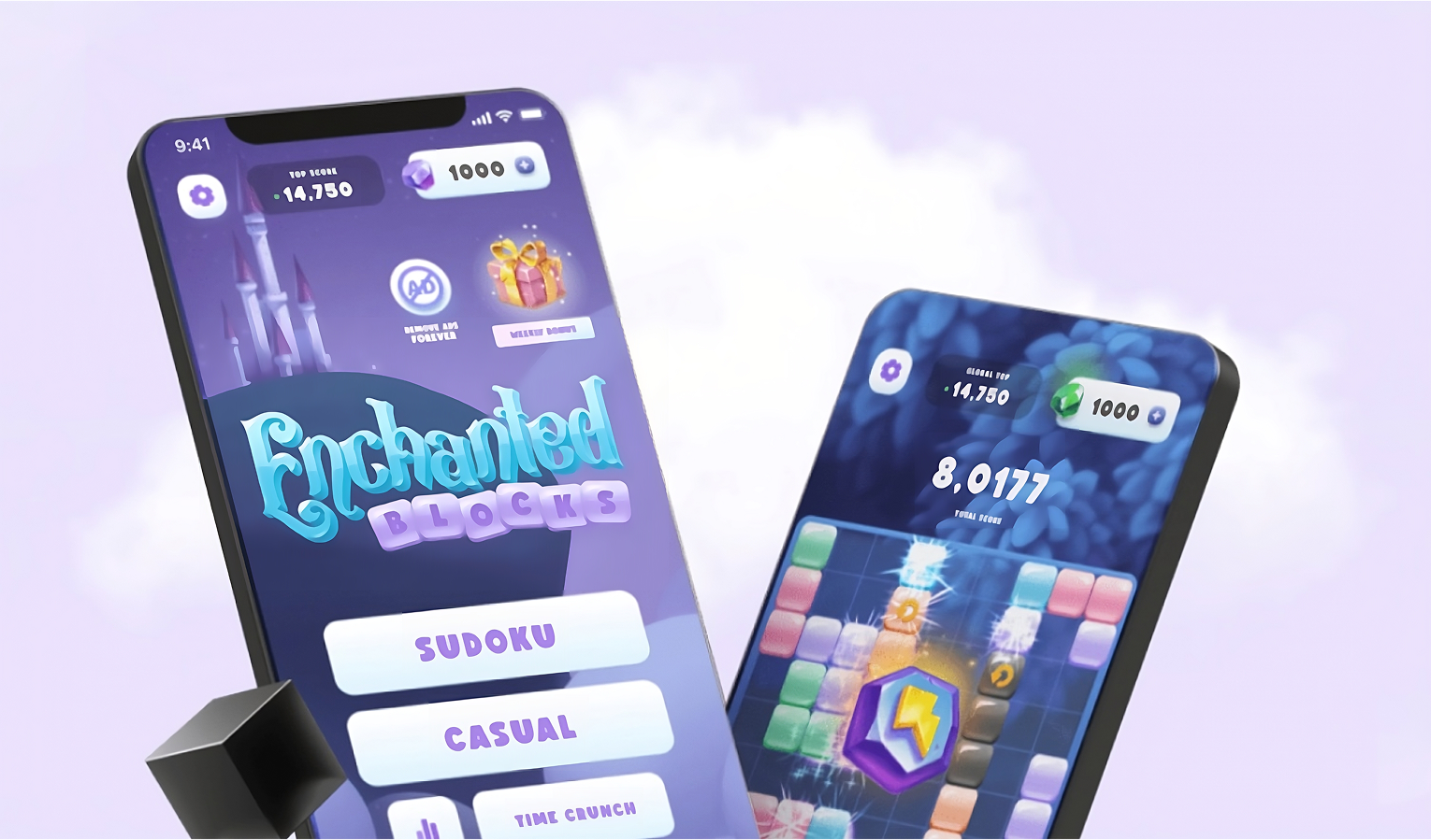 Enchanted Blocks mobile game UI design.