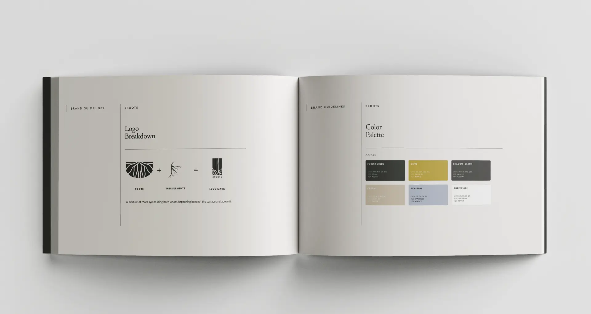 3Roots brand guidelines spread showing logo breakdown and color palette.