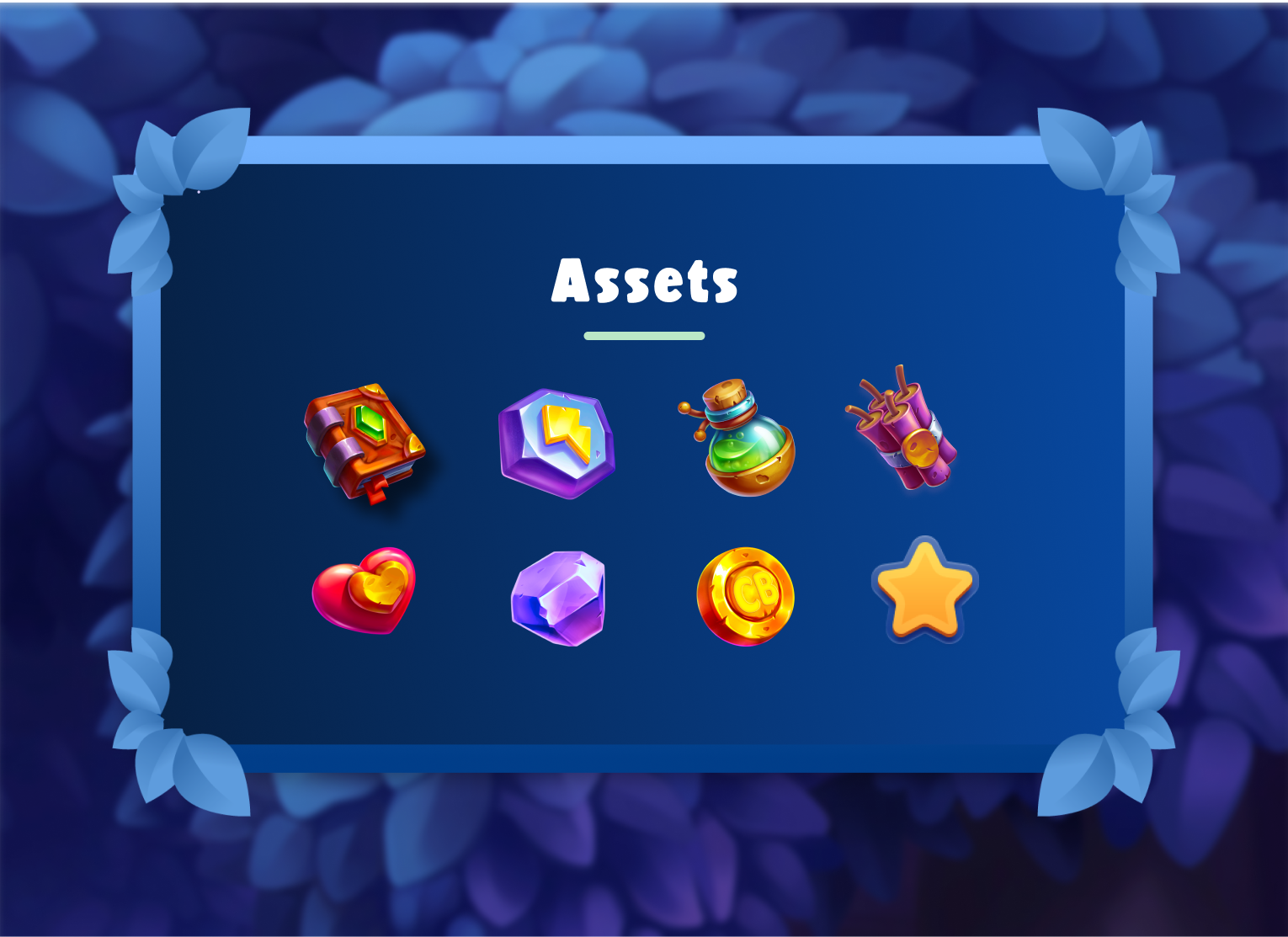 Enchanted Blocks in-game asset set: spellbook, gem booster, potion, dynamite, heart, crystal, coin, and star.