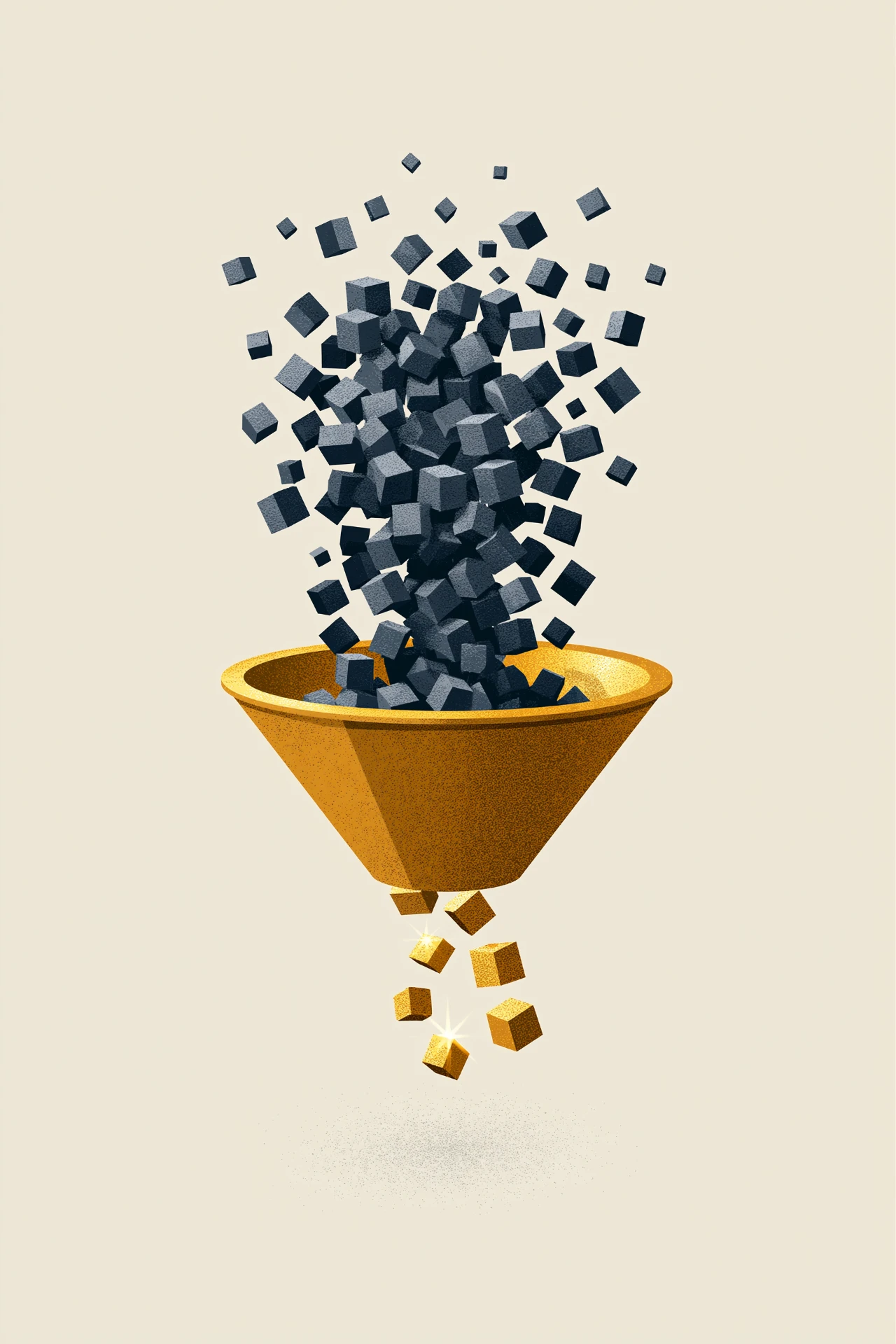Illustration of dark cubes falling into a golden funnel and emerging as a few refined golden cubes, representing AI operations transforming chaos into reliable production systems.