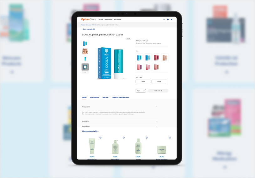 Redesigned Optum Store product detail page shown on a tablet, with product gallery, variants, and related items.