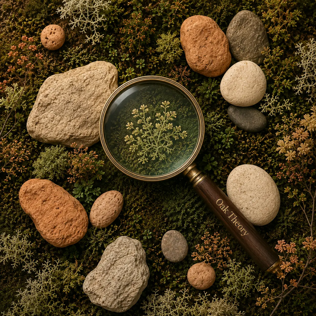 Top-down flat-lay of a brass magnifying glass with Oak Theory engraved on the handle, resting on moss and stones