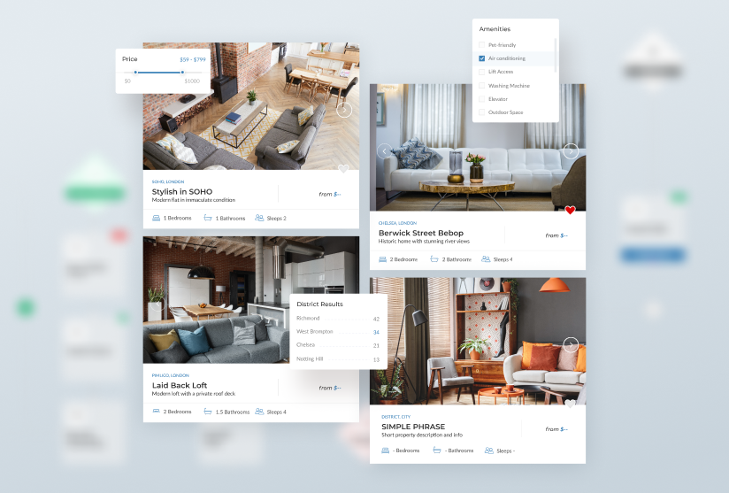 Urbain property search results with price, amenities, and district filters.