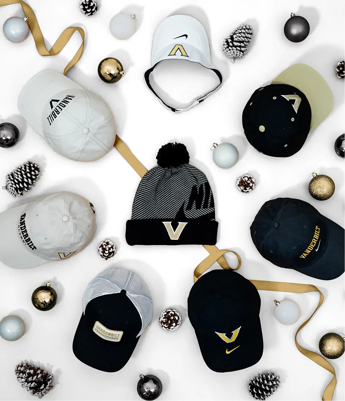 Vanderbilt holiday merchandise product photography of hats and beanies.