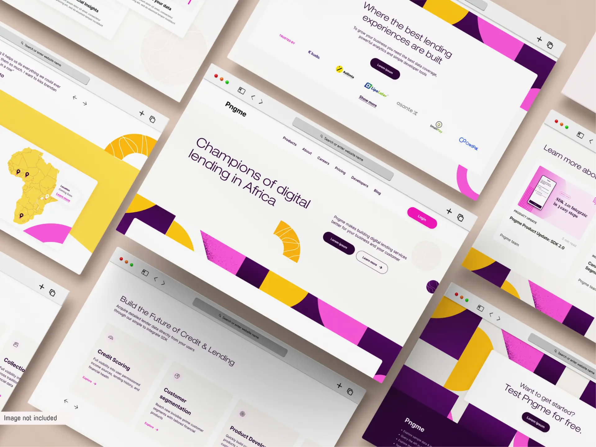 Pngme website pages shown across browser windows with the rebranded visual identity.