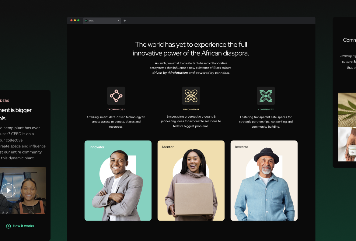 CEED brand pillars section with technology, innovation, and community iconography.