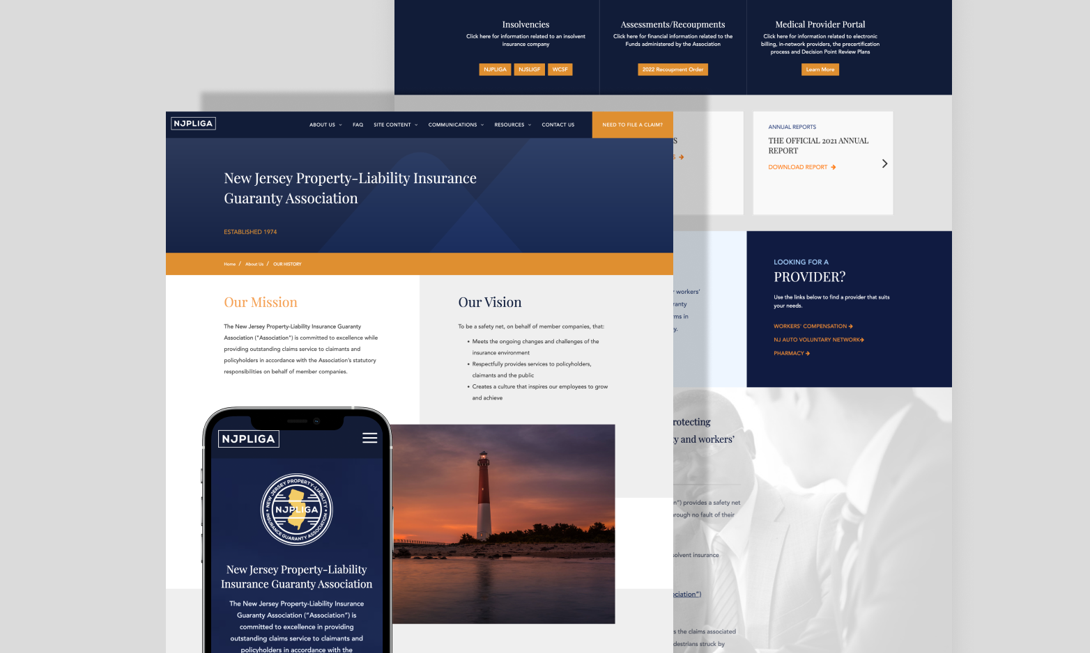 NJPLIGA website pages showing mission, vision, and provider information across desktop and mobile.