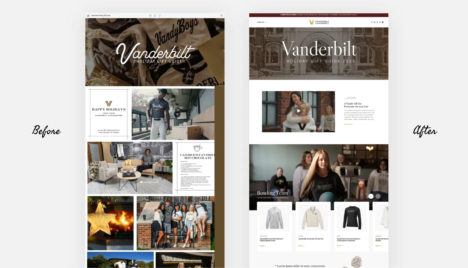 Vanderbilt Holiday Catalog landing page before and after design.