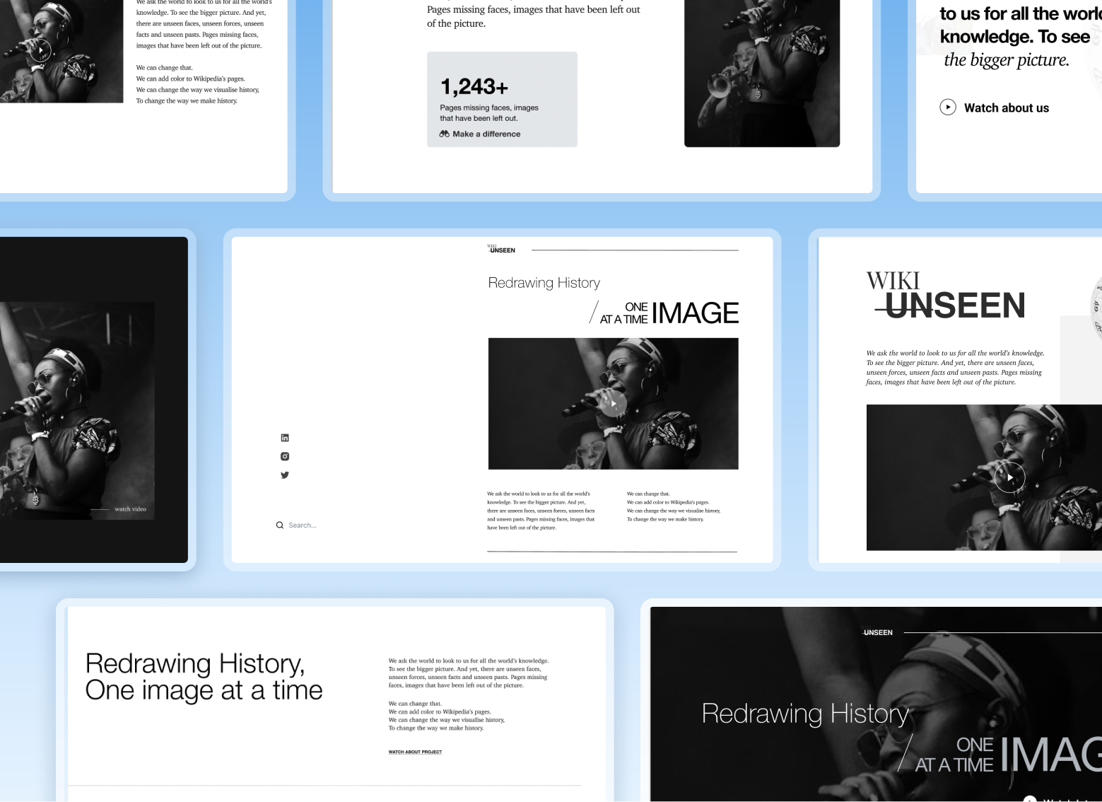Layout explorations for the Redrawing History section of the campaign page.