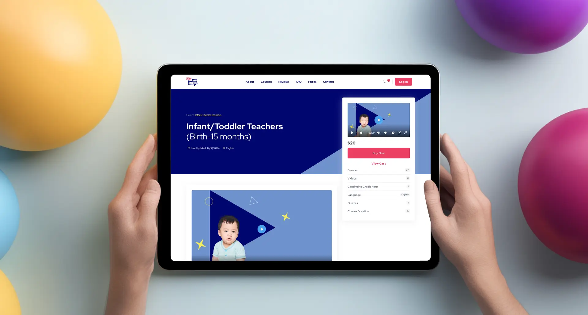 Show & Tell Me More infant and toddler certification course page on a tablet.