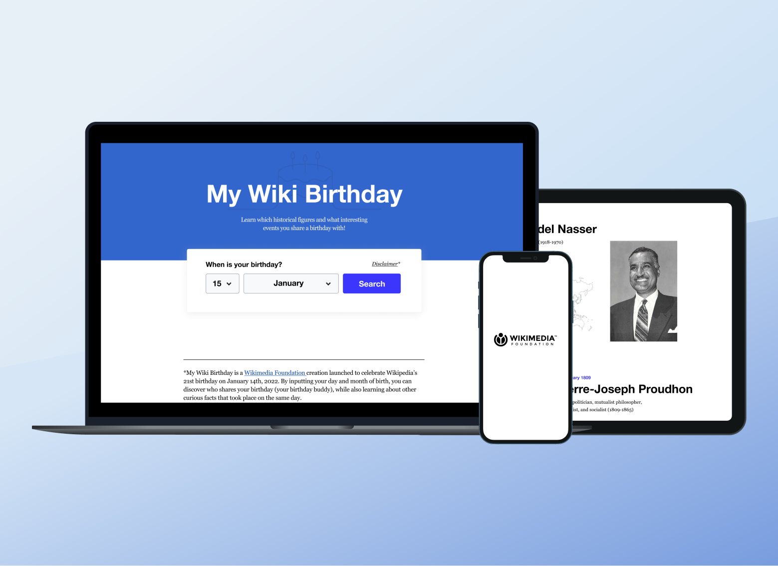 My Wiki Birthday landing page shown on laptop, tablet, and phone.