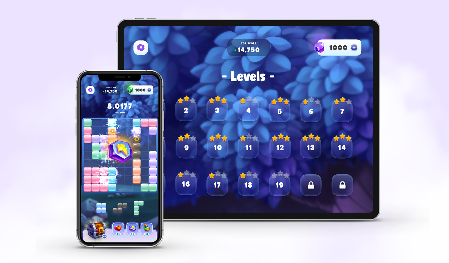 Enchanted Blocks level select on tablet alongside gameplay on mobile.