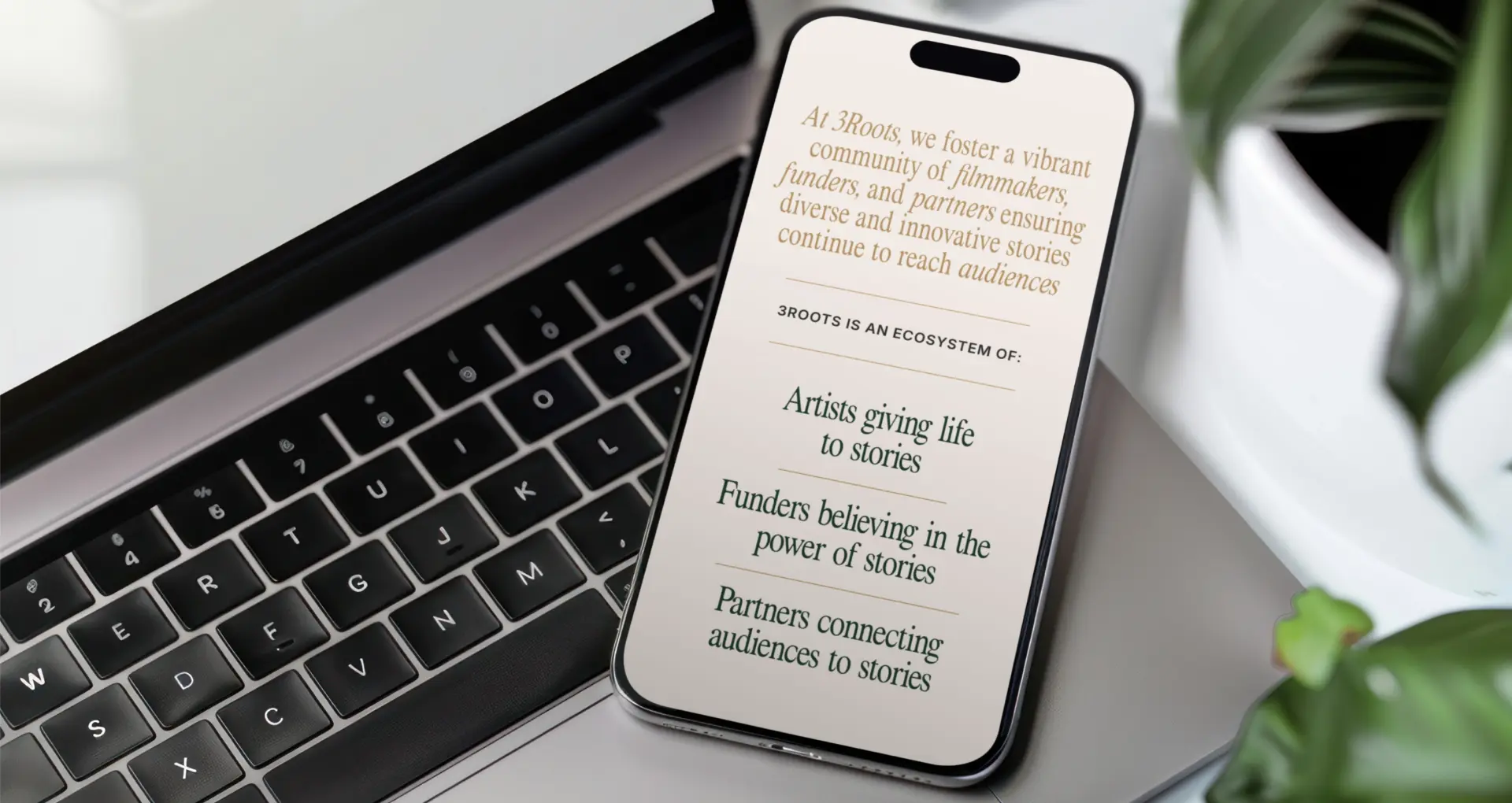 3Roots mobile page describing its ecosystem of artists, funders, and partners.