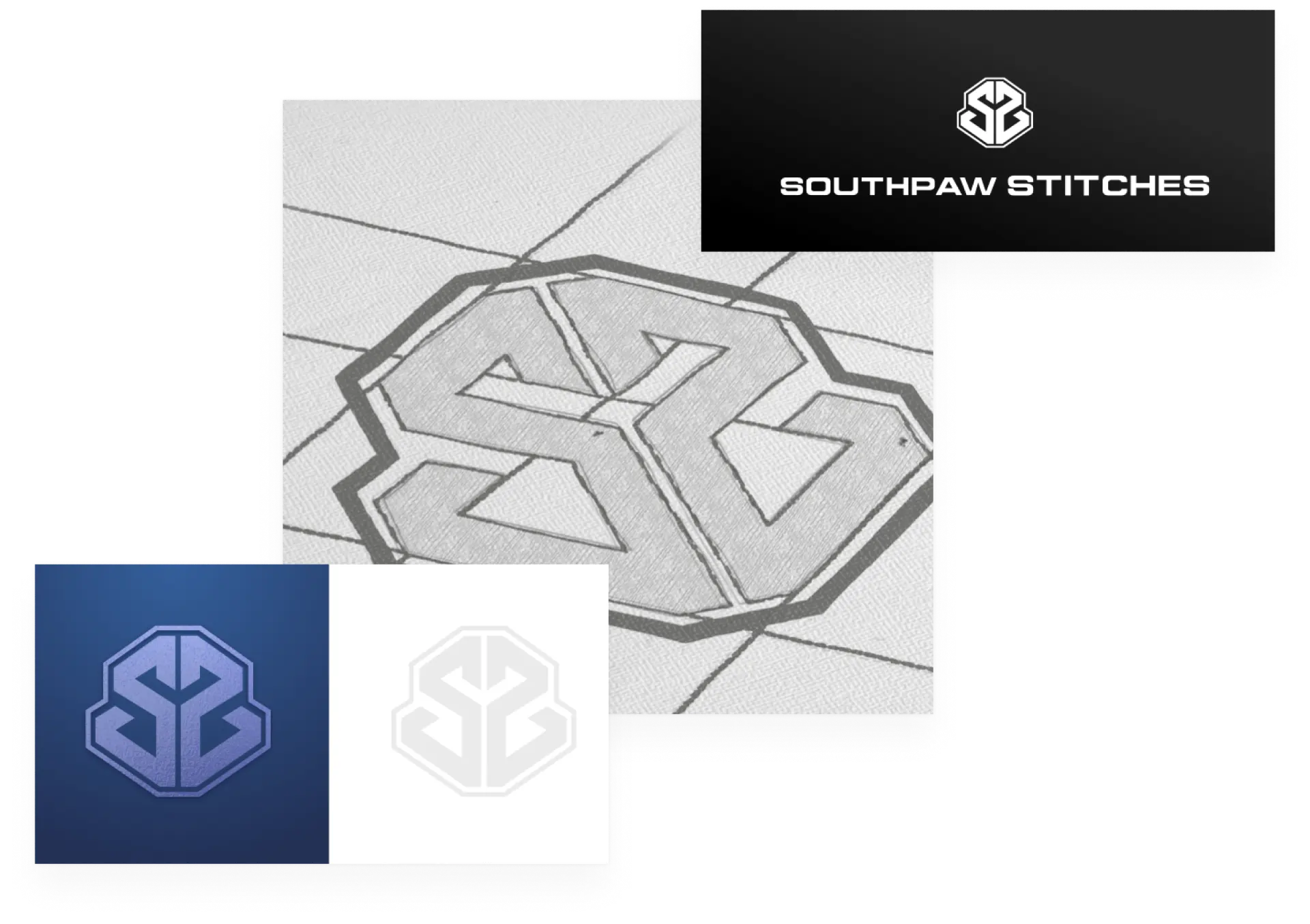 Southpaw Stitches logo mark shown as an embossed sketch, wordmark lockup, and one-color variations.