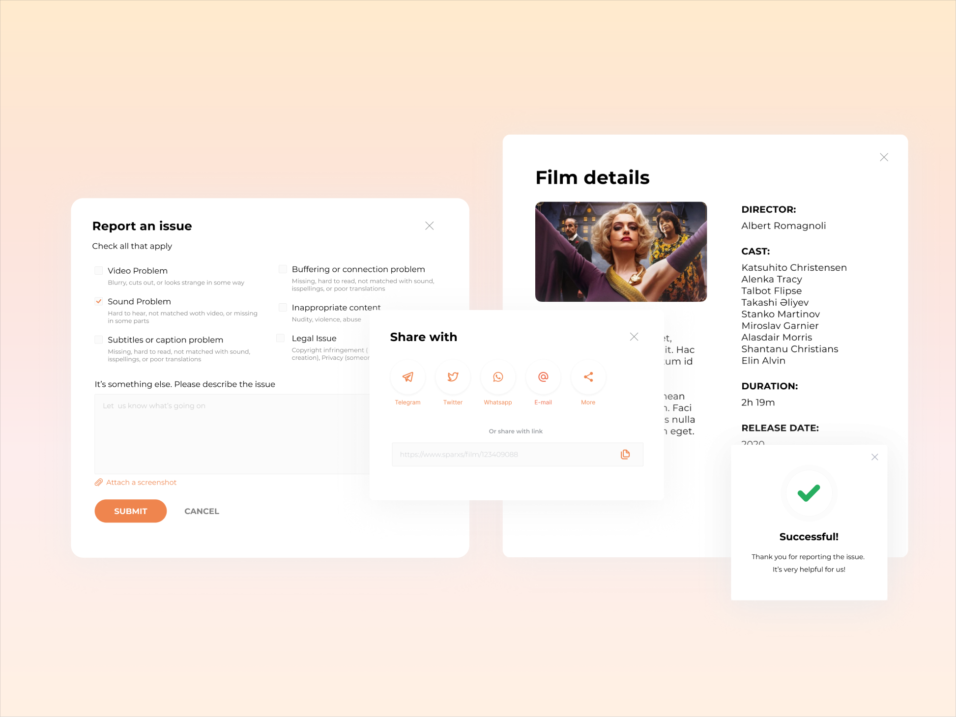Indie Sparxs product UI components: report an issue, film details, and share modals.