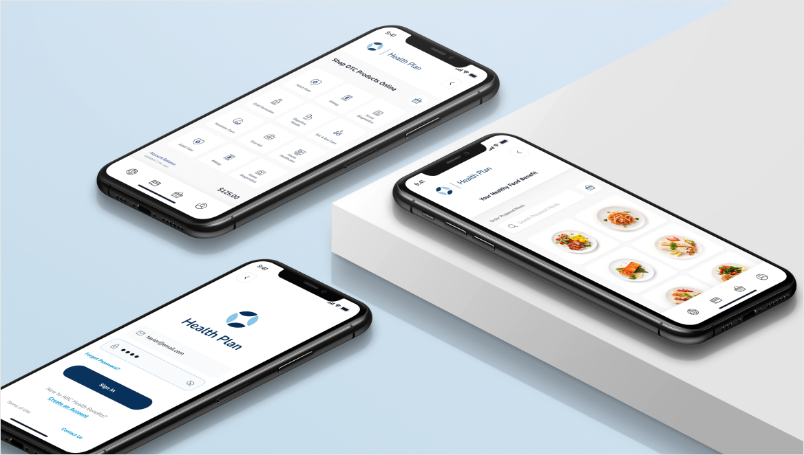 Three Lynx mobile screens: sign-in, OTC product catalog, and healthy food benefit.