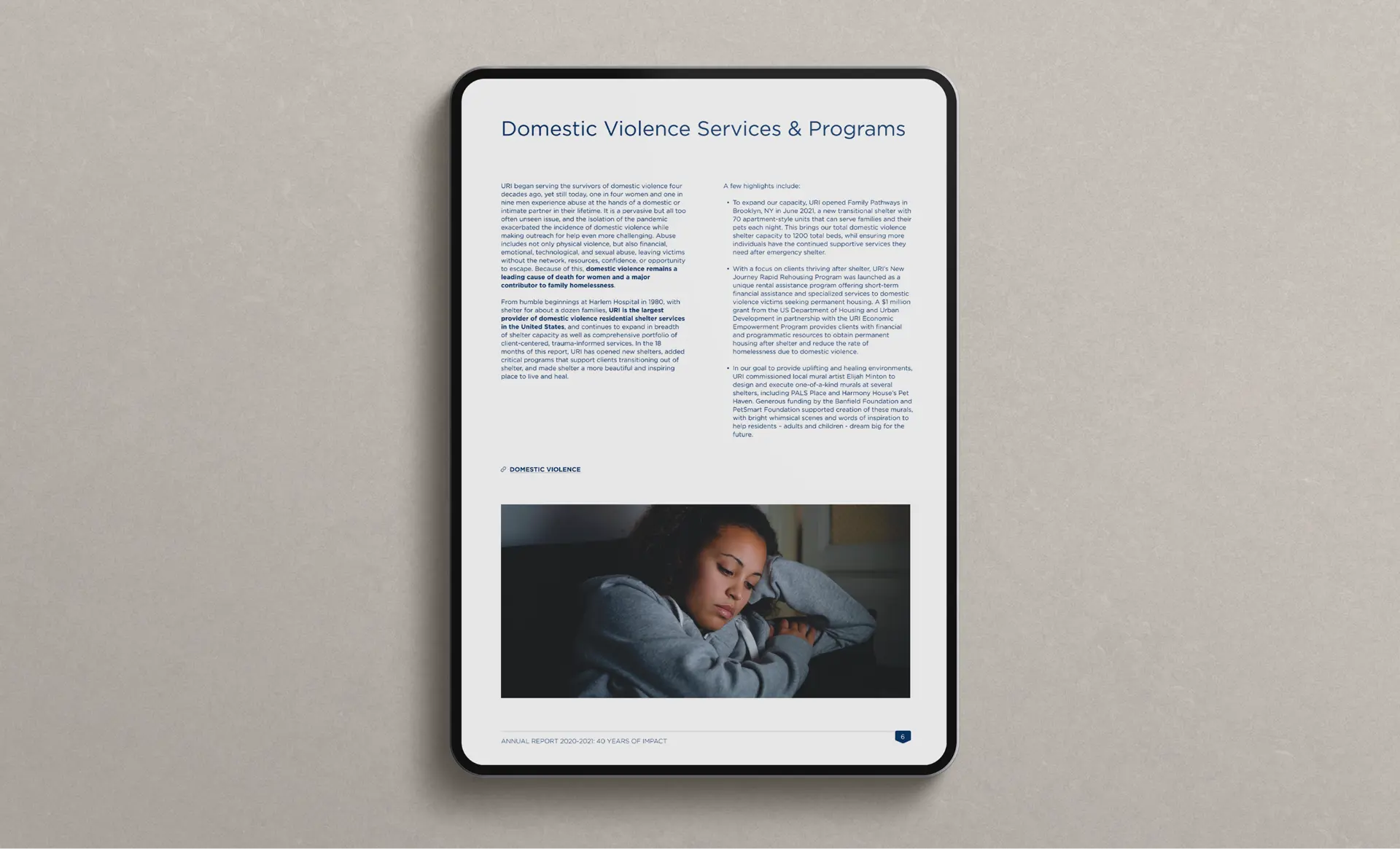 URI annual report Domestic Violence Services and Programs page shown on a tablet.