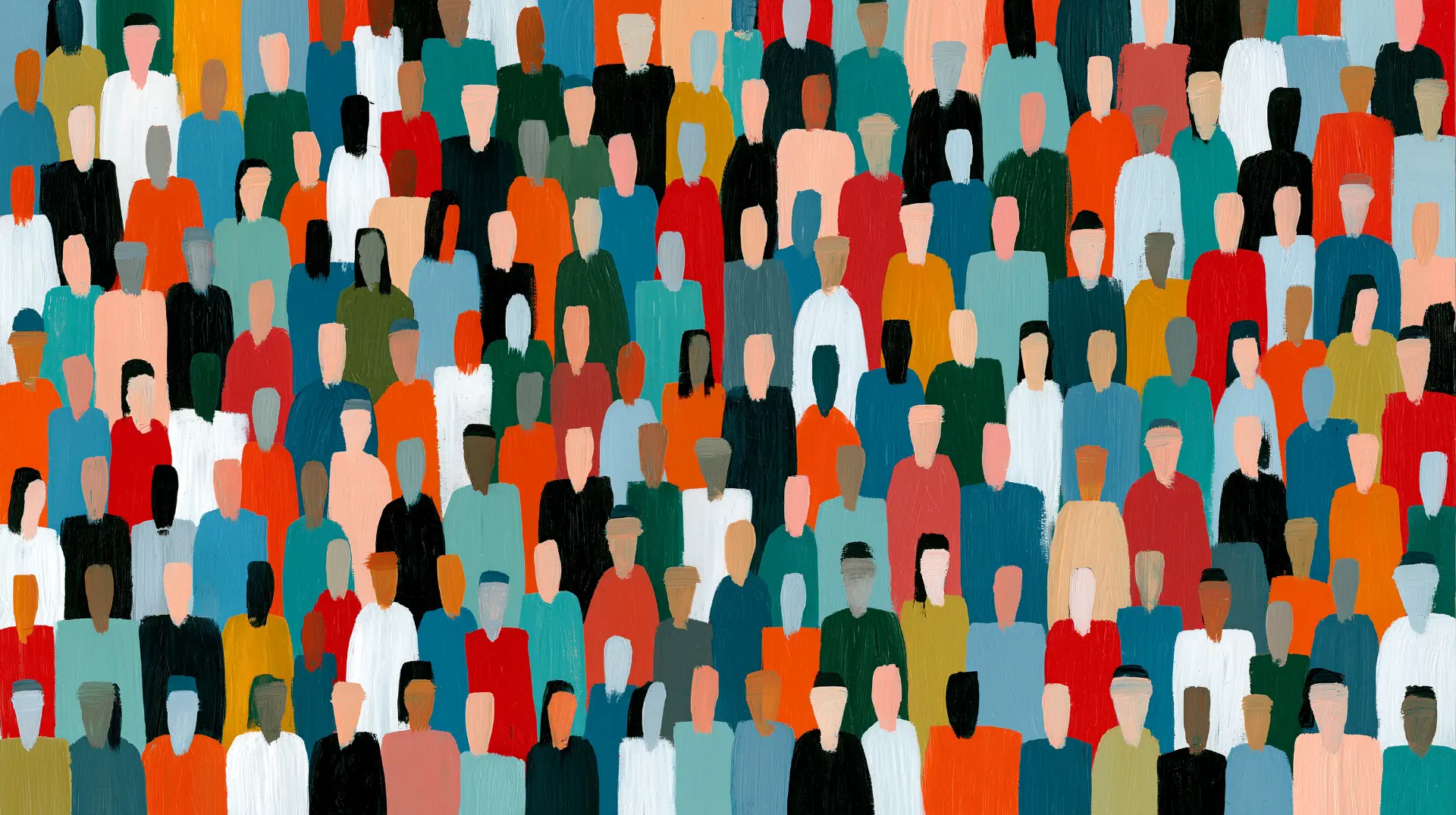 A diverse, gathered crowd rendered in textured brushstrokes