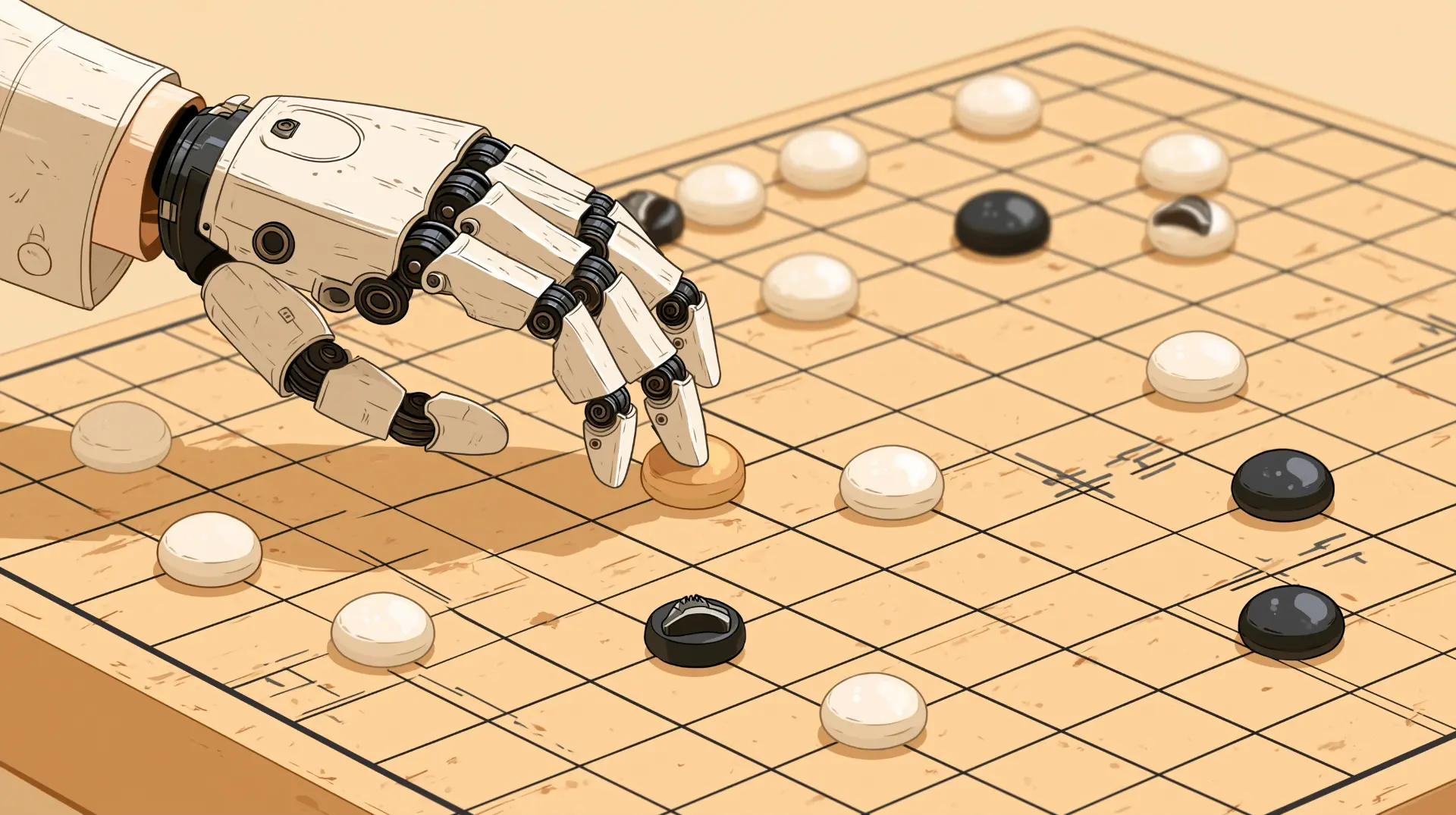 A robotic hand placing a stone on a Go board — strategy in motion.