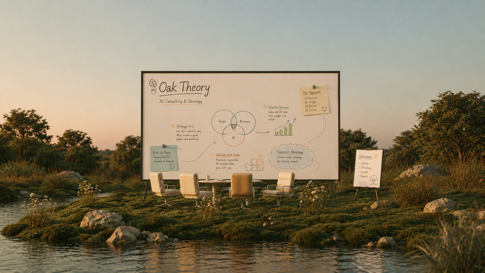 A surreal outdoor strategy whiteboard on a mossy island, diagramming how people, business, and AI intersect
