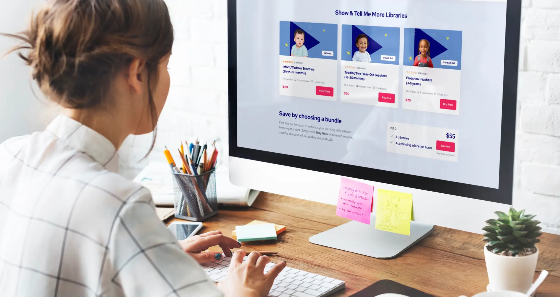 Show & Tell Me More course catalog and bundle pricing page on a desktop display.